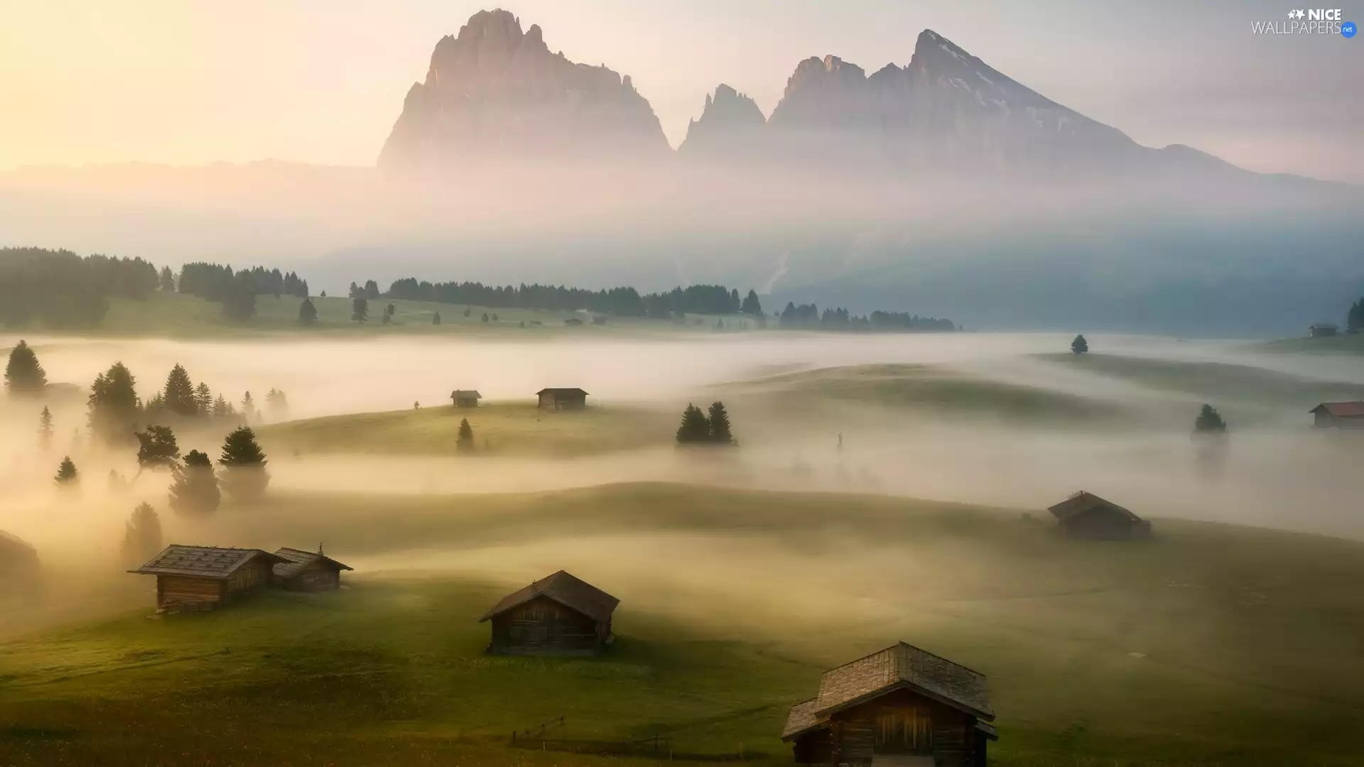 Seiser Alm Meadow, Italy, Val Gardena Valley, Dolomites, viewes, Fog, Houses, trees, Sassolungo Mountains