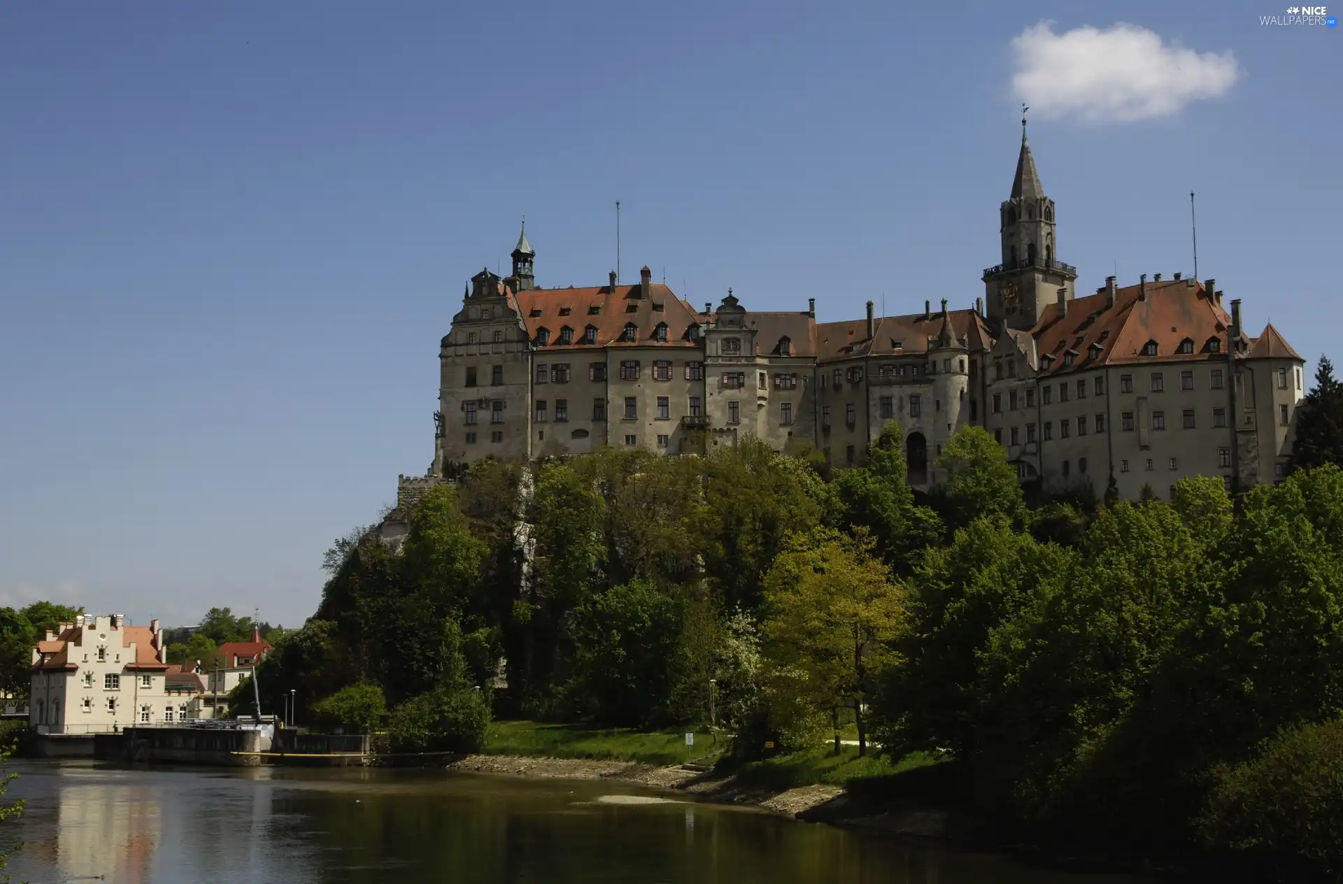 Germany, Castle, viewes, water, trees, Sigmaringen