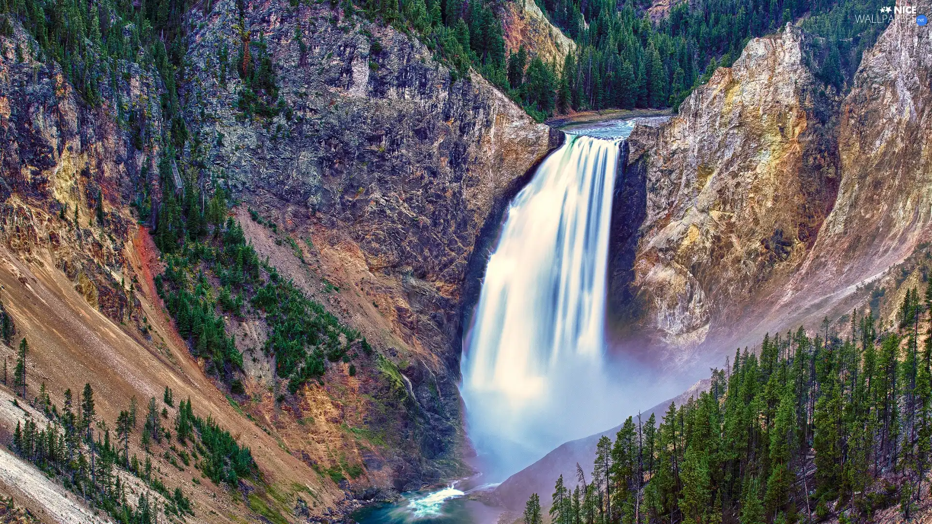 waterfall, trees, viewes, Mountains