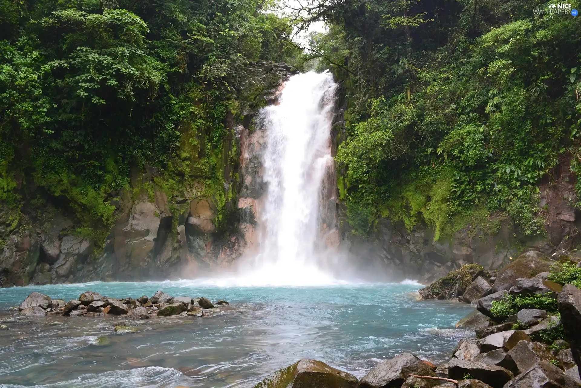 waterfall, trees, viewes, rocks