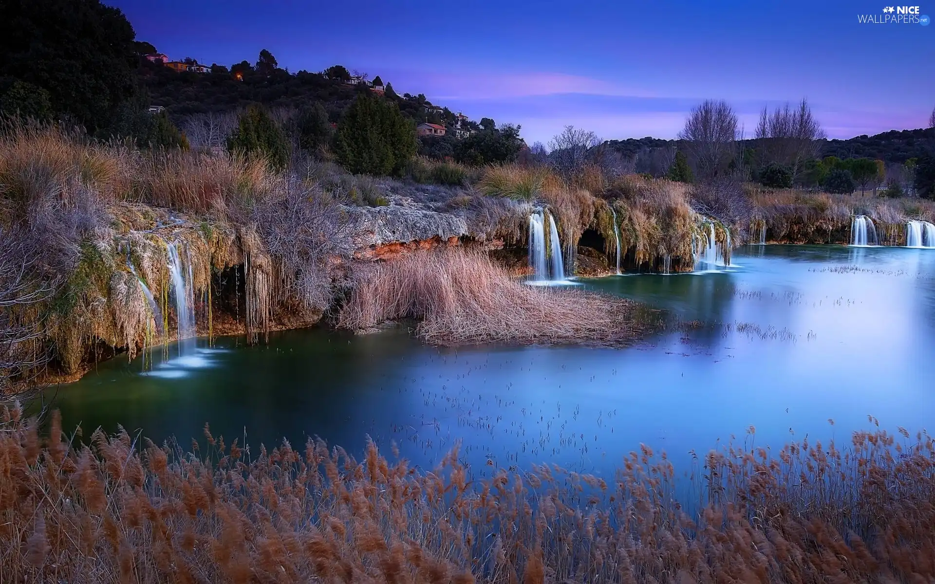 trees, lake, grass, Houses, Hill, viewes, waterfalls