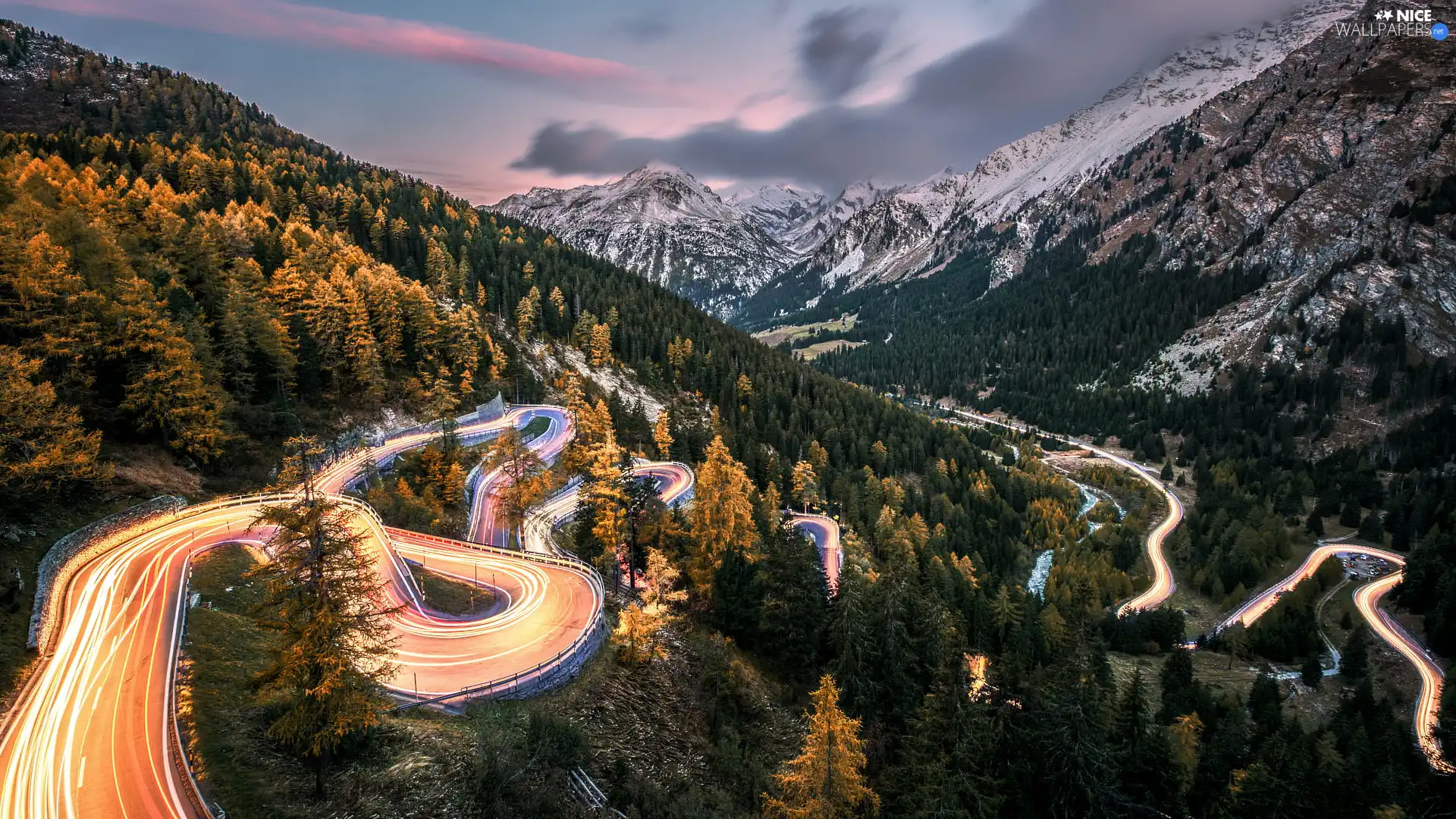 woods, trees, Way, viewes, Mountains, winding, Switzerland