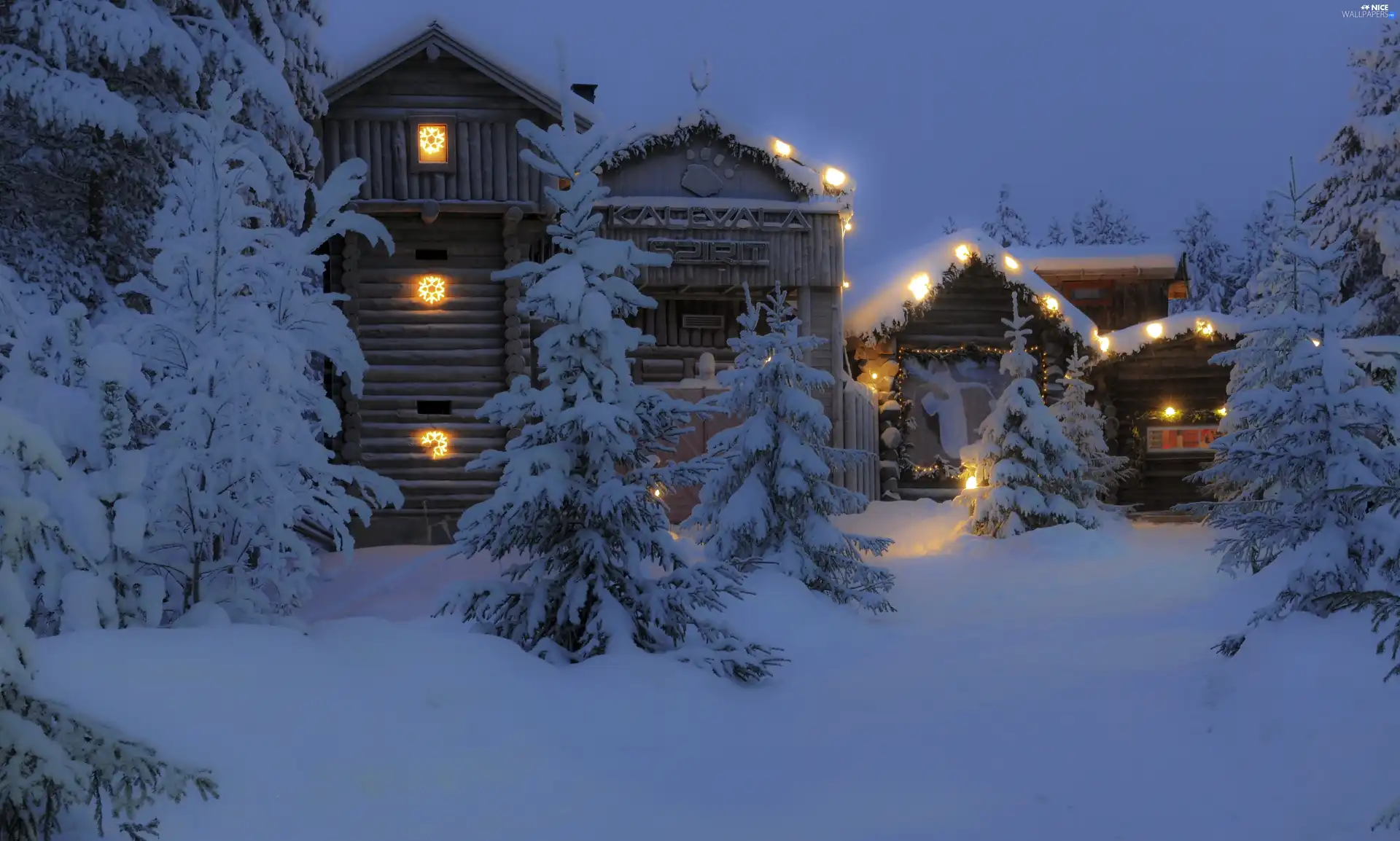 viewes, winter, Houses, trees, illuminated