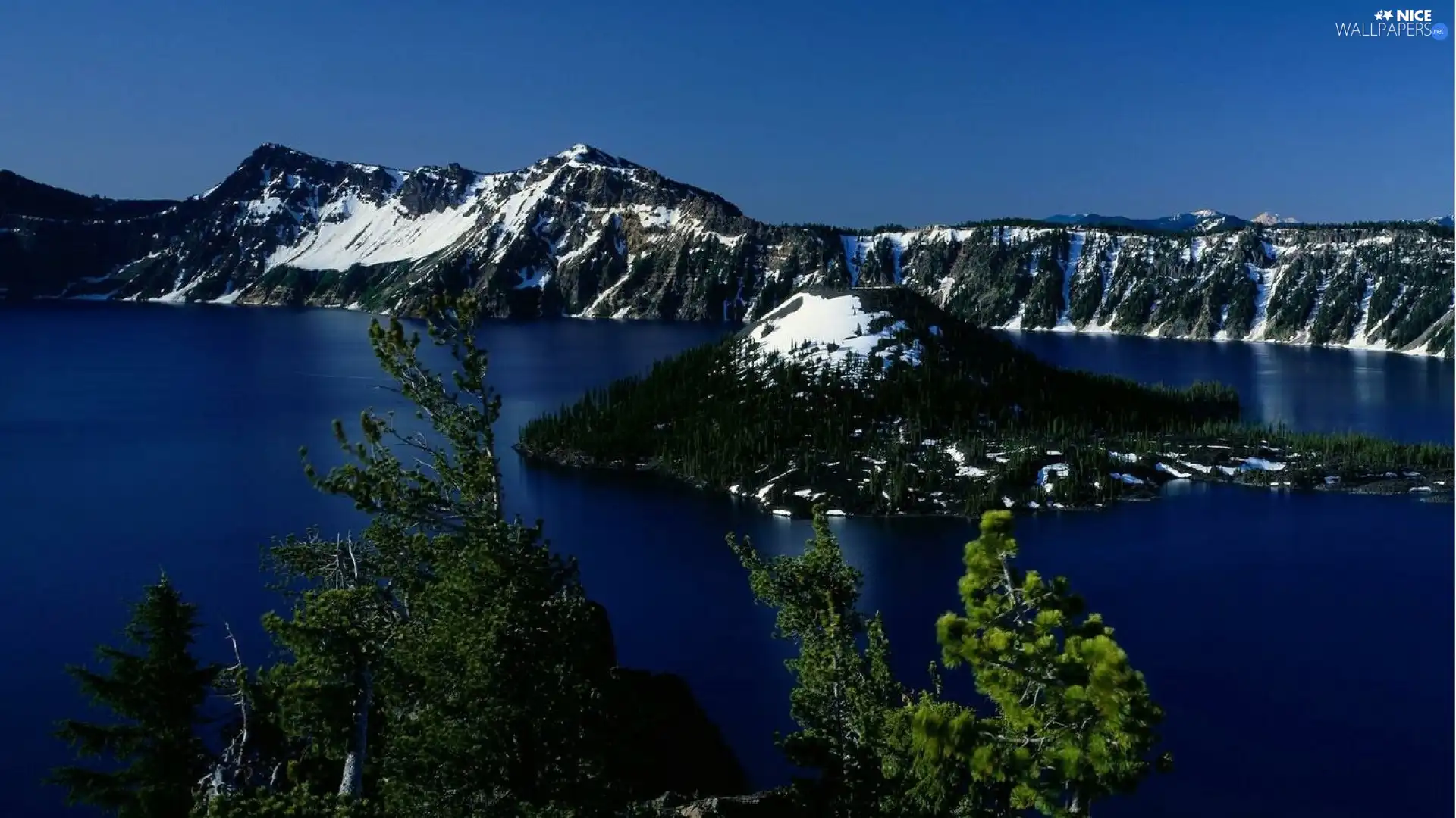 viewes, winter, Islet, trees, lake