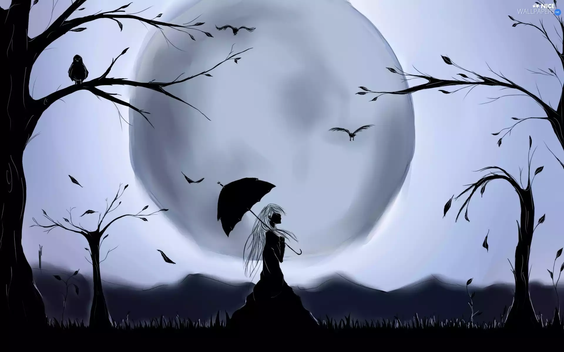 trees, viewes, Women, Umbrella, moon
