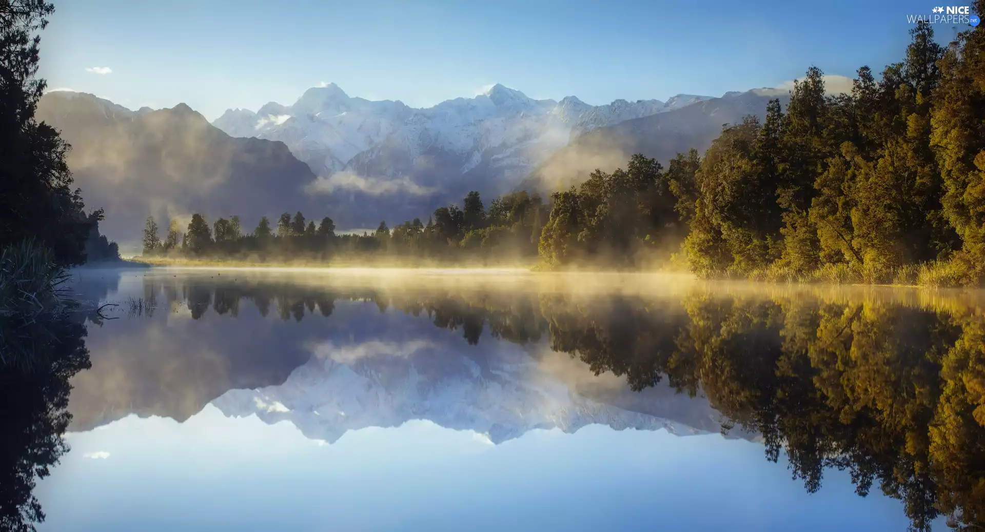 Southern Alps, Mountains, Mount Cook, trees, New Zeland, Mount Cook National Park, Matheson Lake, South Island, viewes