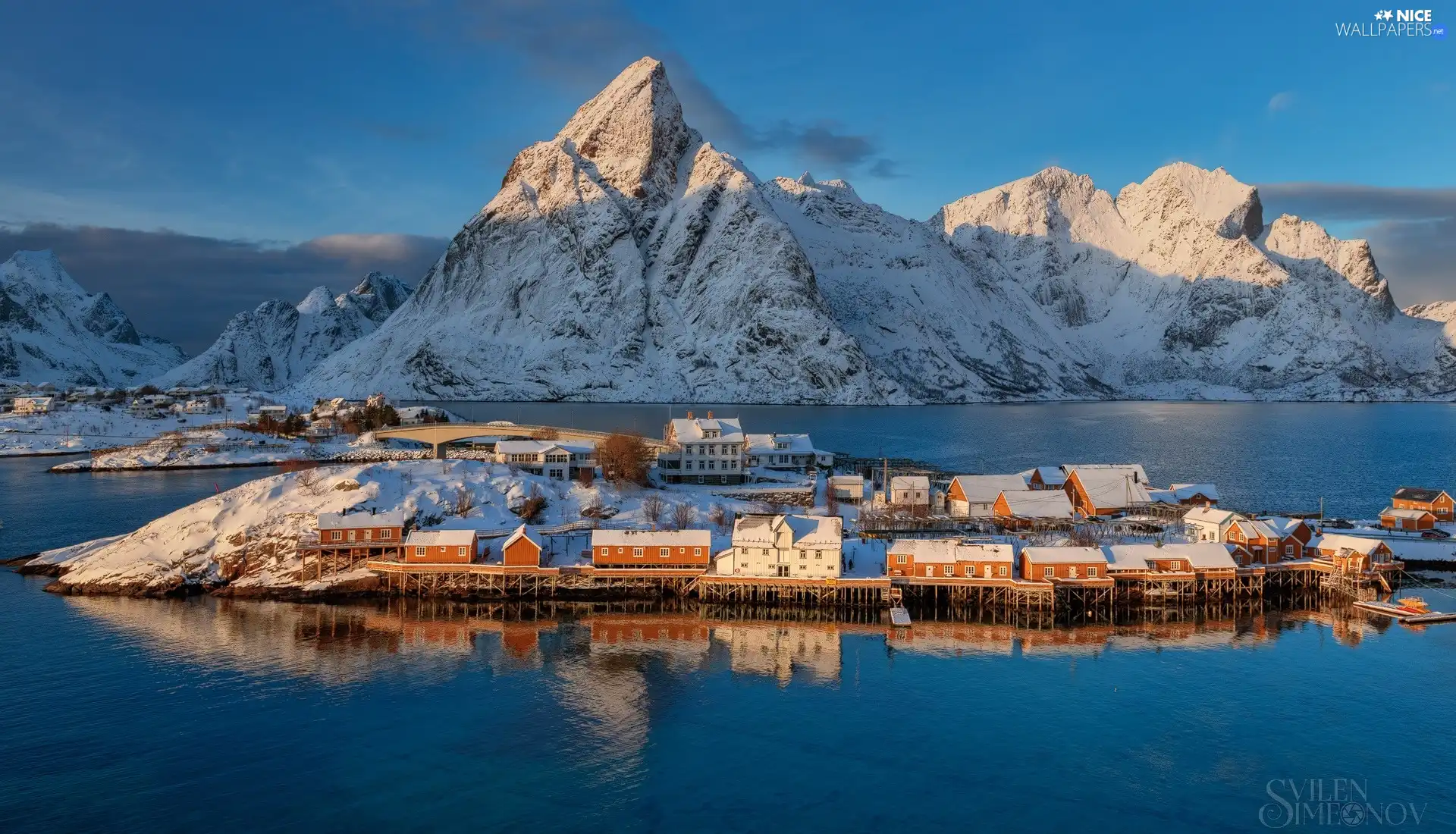 Village Hamnøy, Snowy, Lofoten, Mountains, sea, Houses, Norway