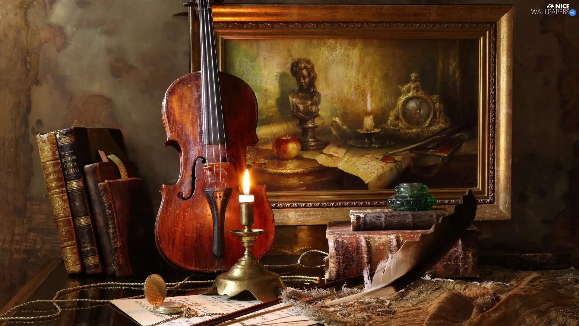 candle, violin, picture, Books, composition