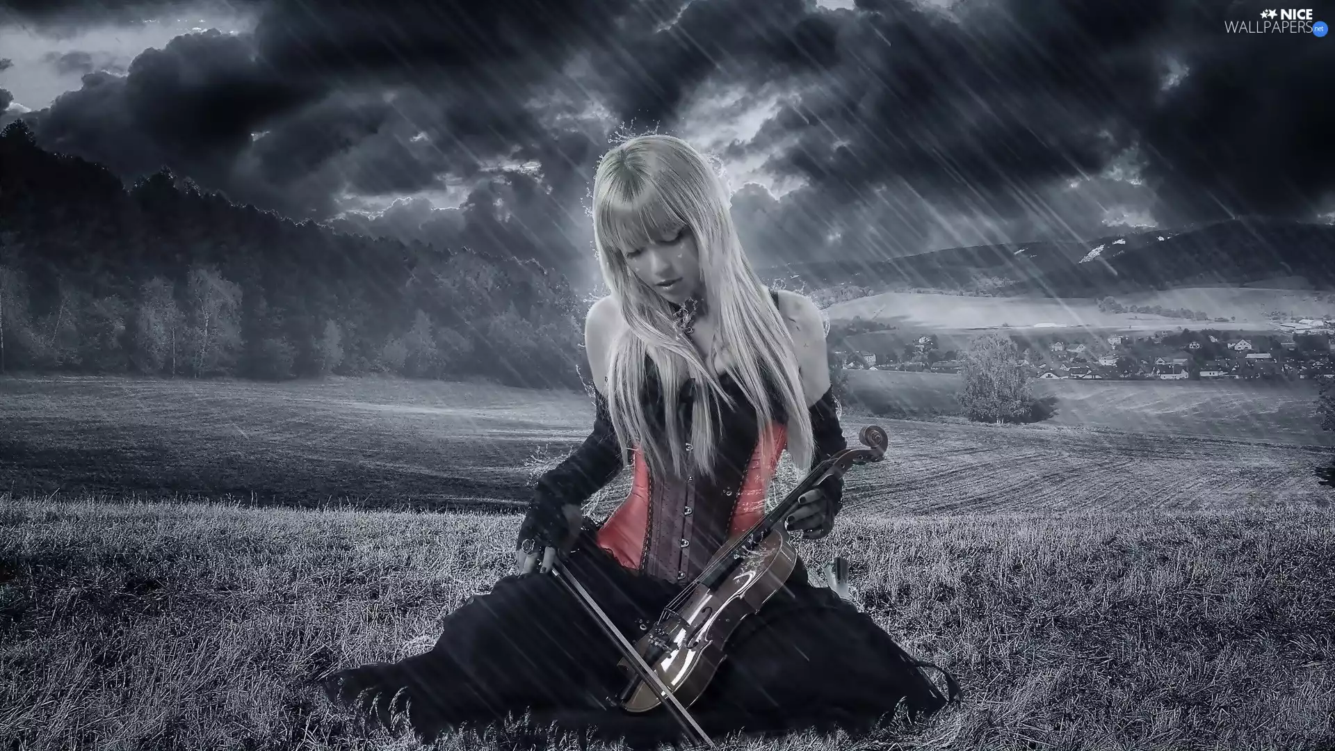 Women, Rain, Field, violin