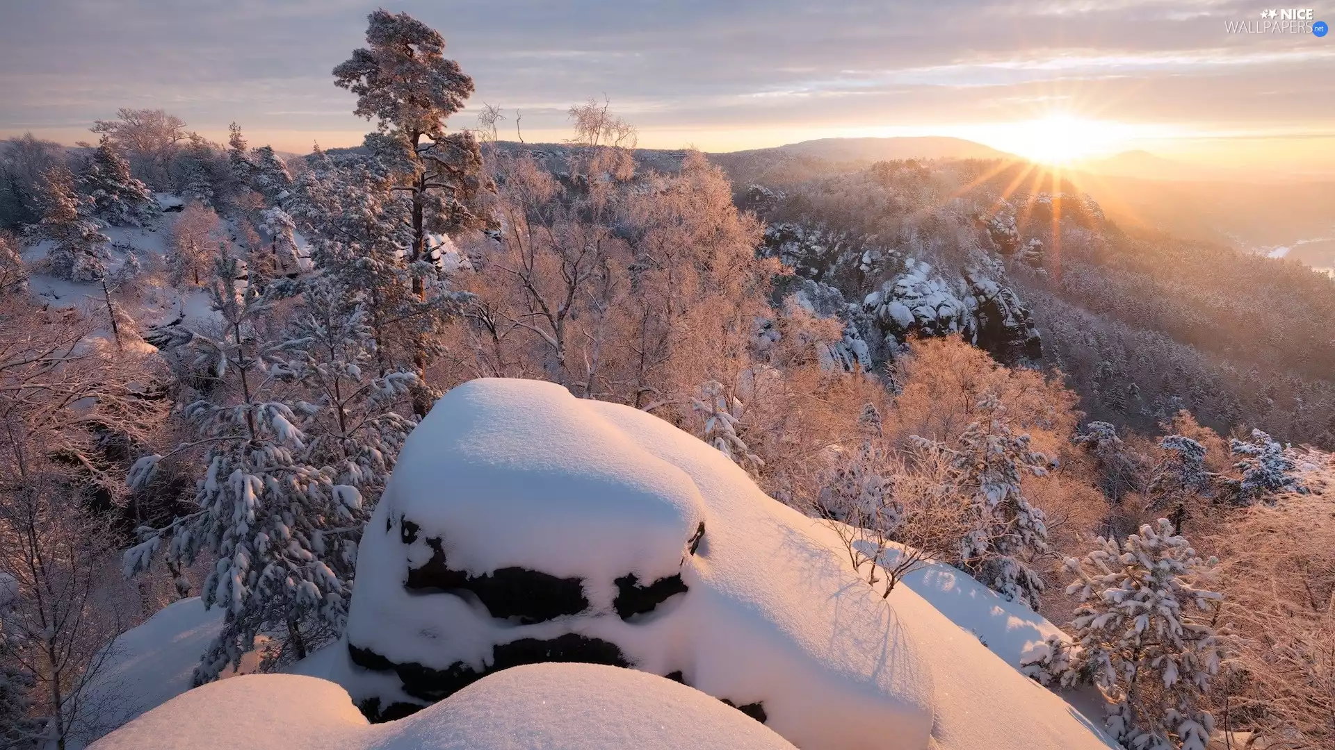 rocks, Saxon Switzerland National Park, Děčínská vrchovina, Germany, winter, snow, viewes, rays of the Sun, trees