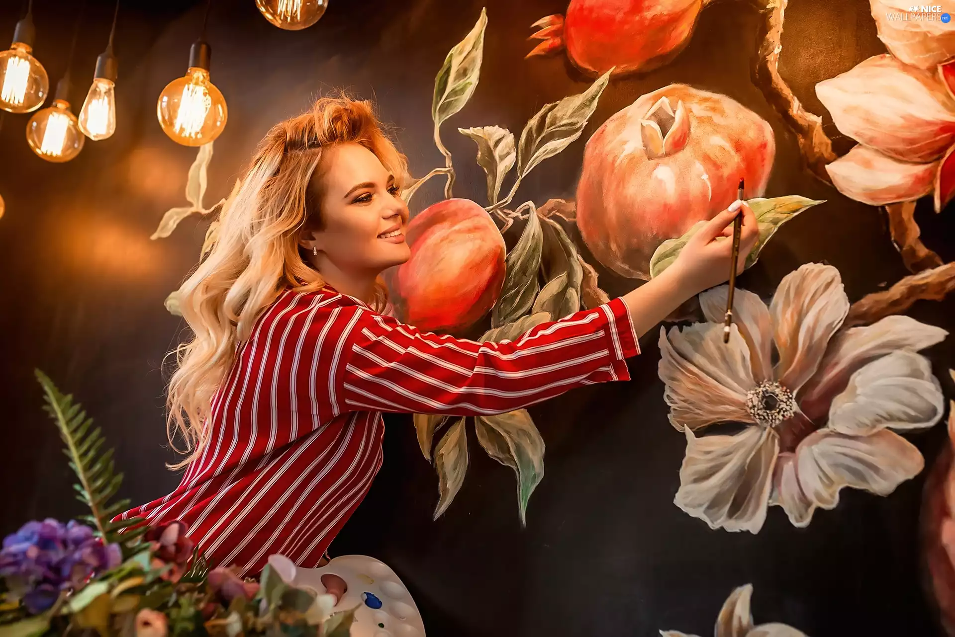 palette, Women, painting, wall, Paints, brush