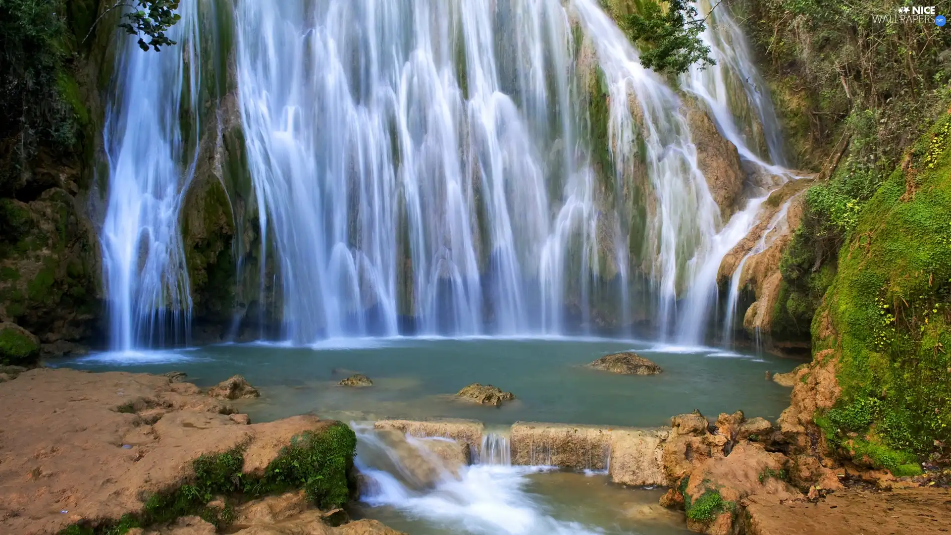 wall, waterfall, rock