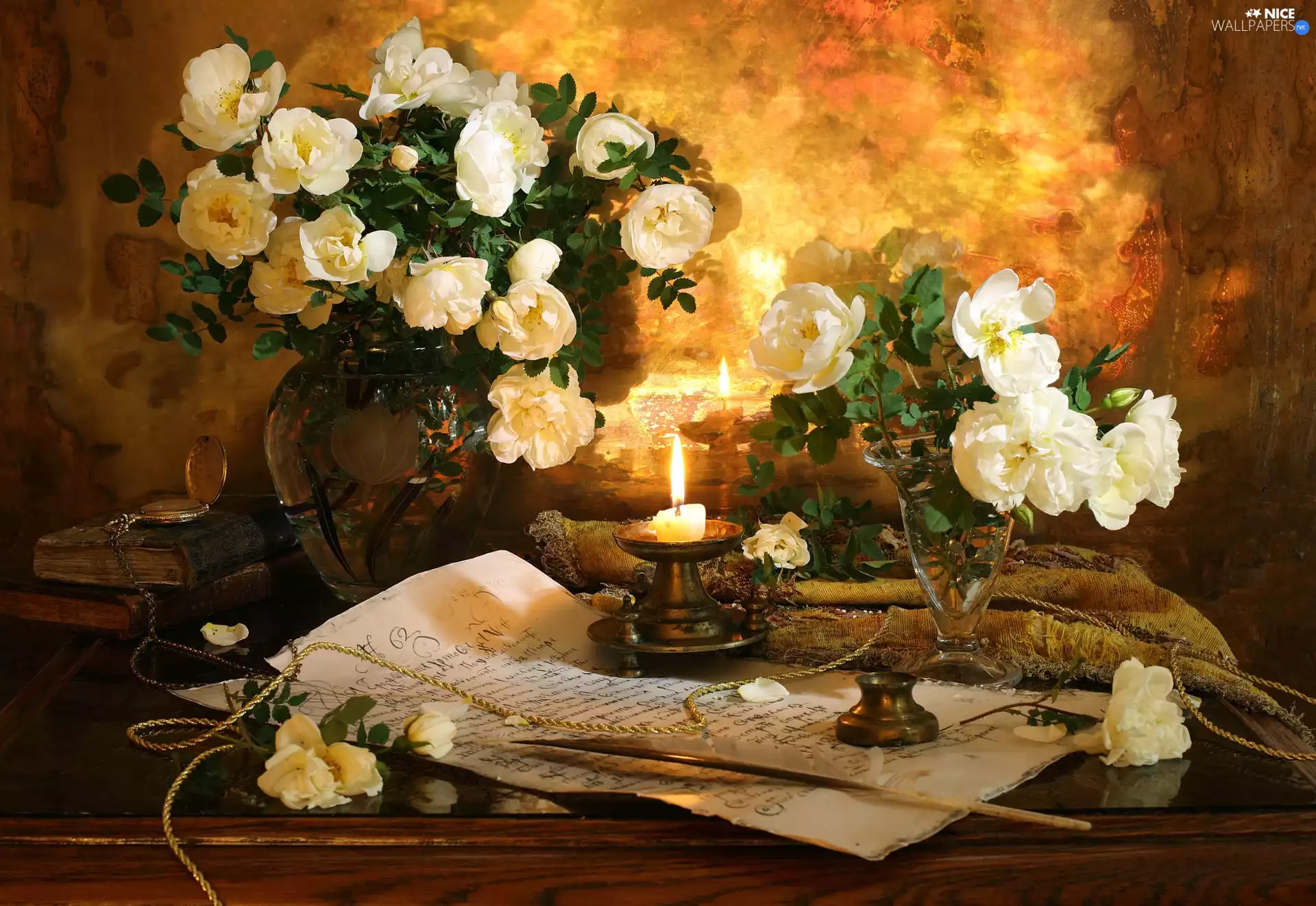Vase, candle, Cards, Books, Recorded, roses, bouquet, Watch