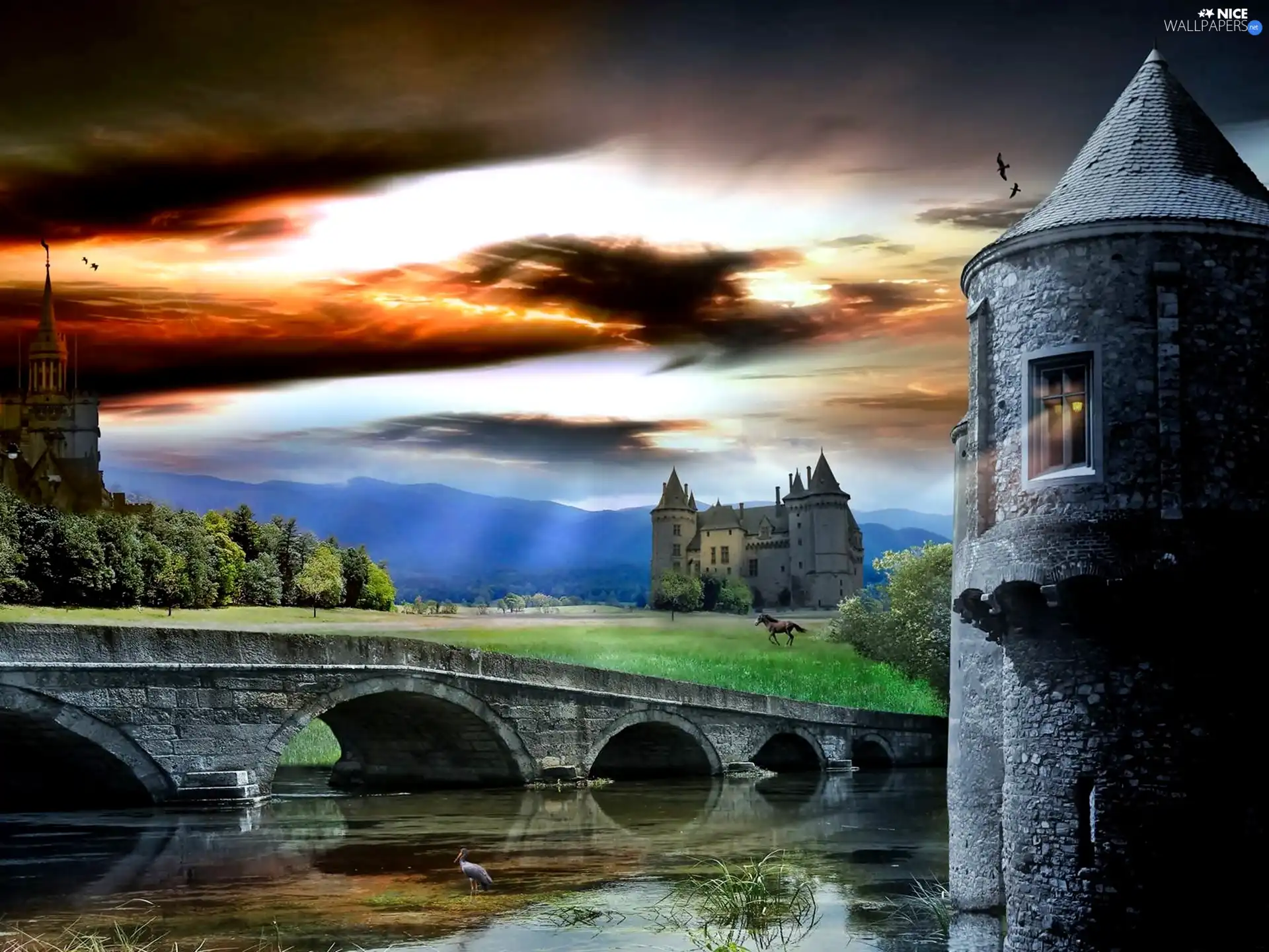 water, Castle, bridge