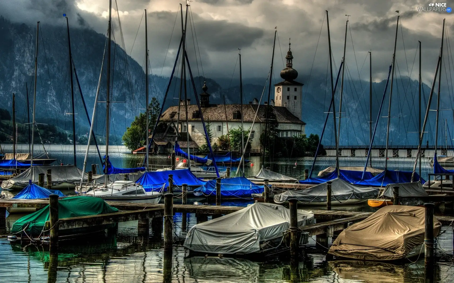 Church, Boats, water, Mountains