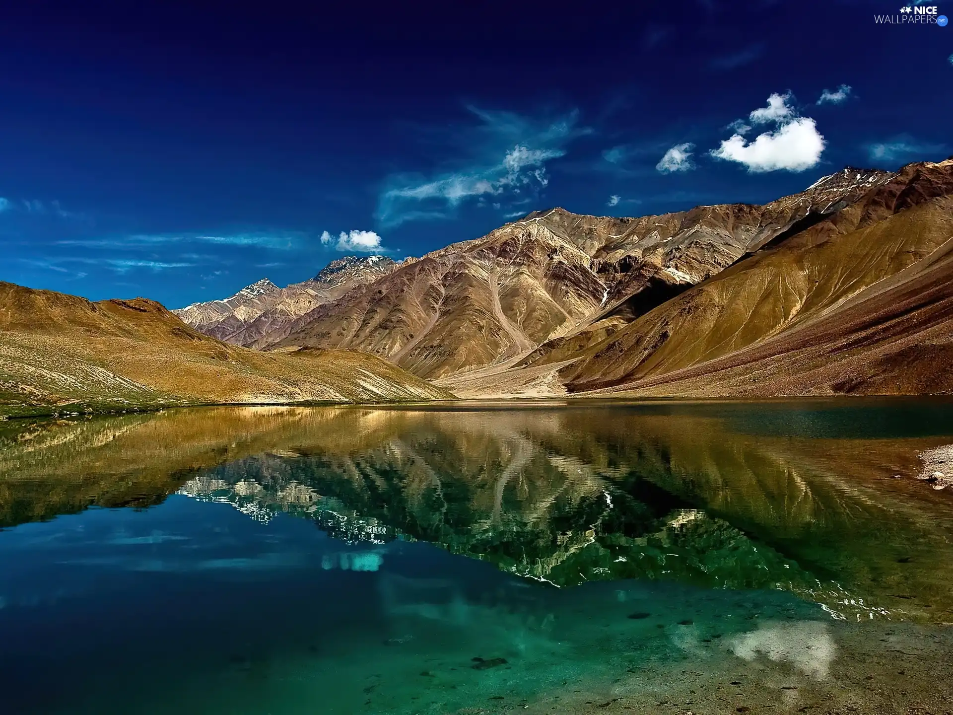 water, Mountains, clouds