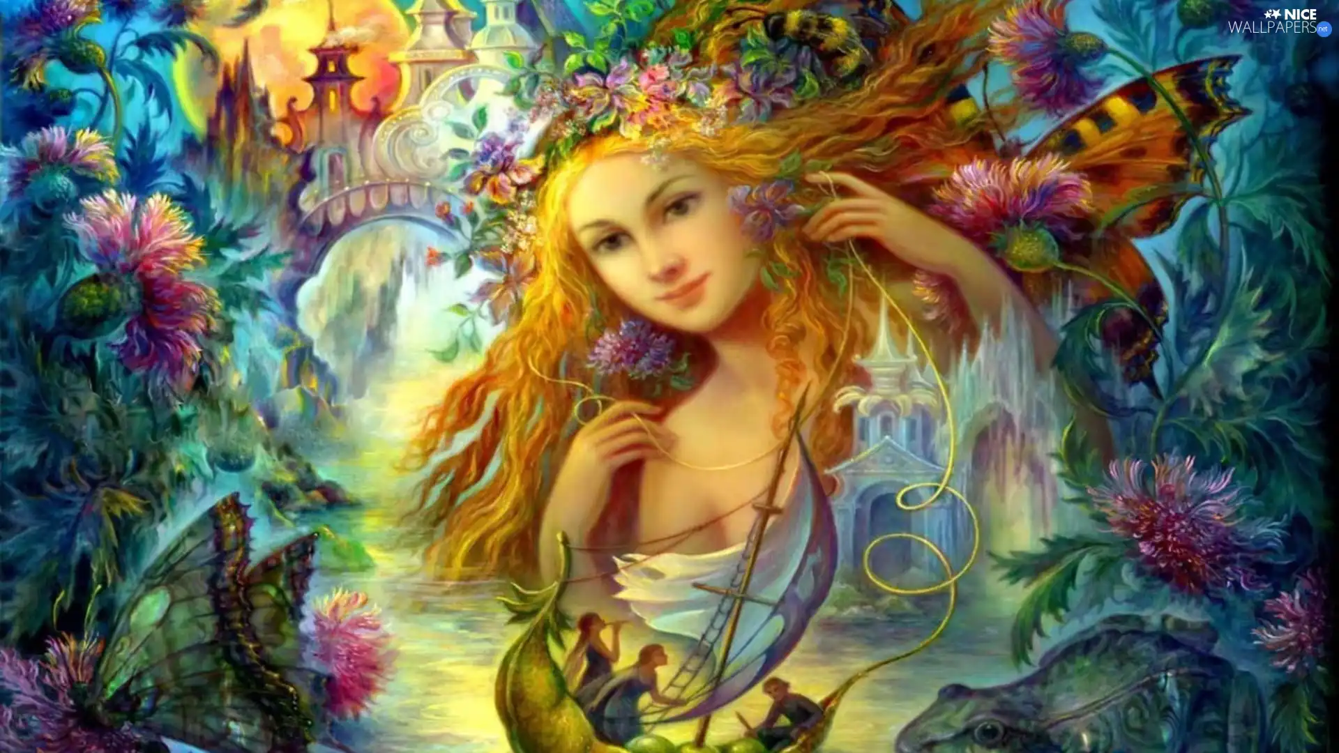 girl, sail, water, Flowers