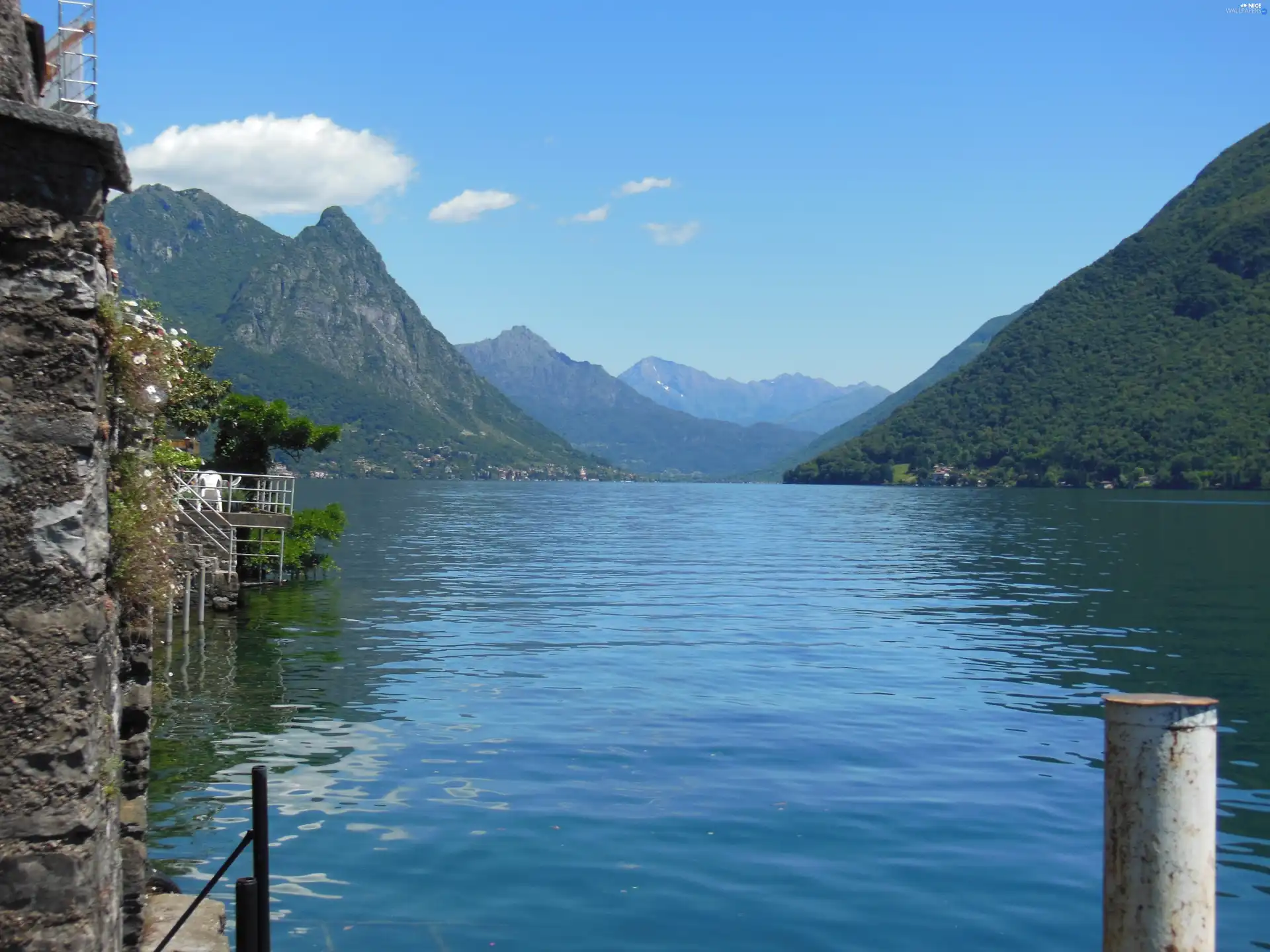 water, Mountains, Lugano, Switzerland, Gandria