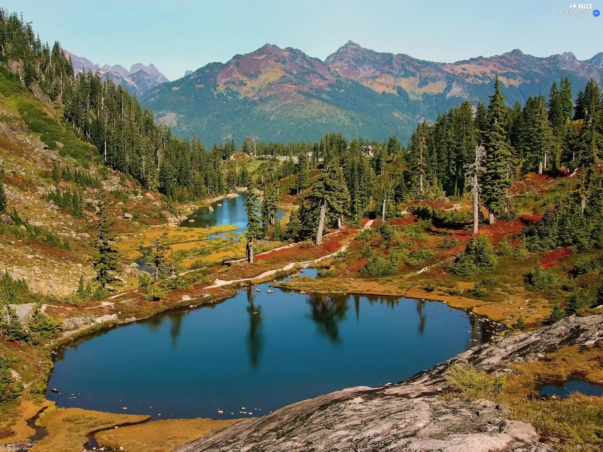 Mountains, viewes, water, trees