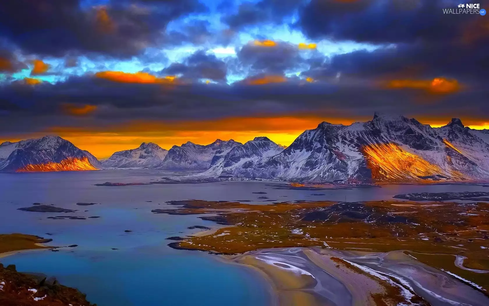 Mountains, Sky, west, water