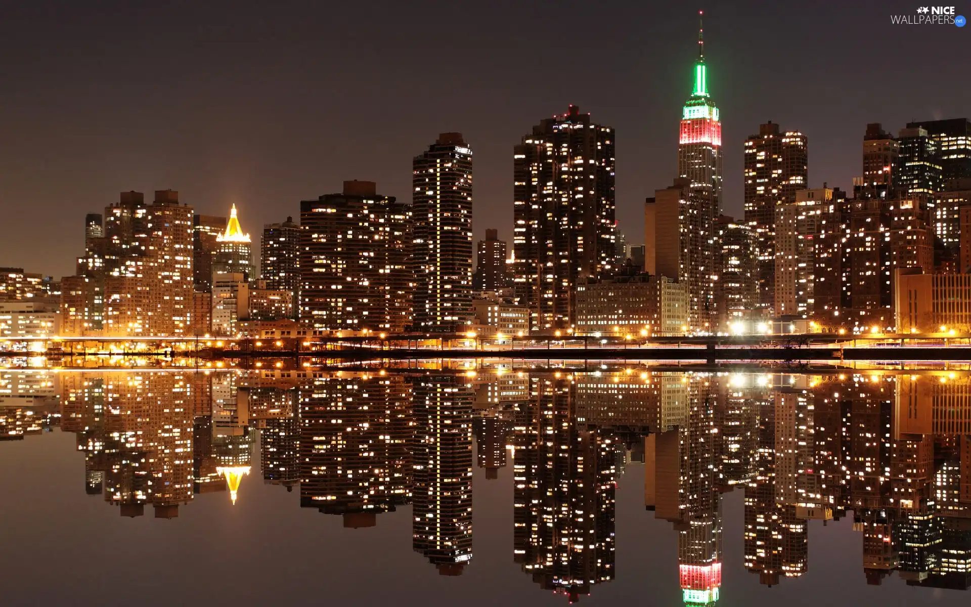 Night, panorama, water, reflection, light, town