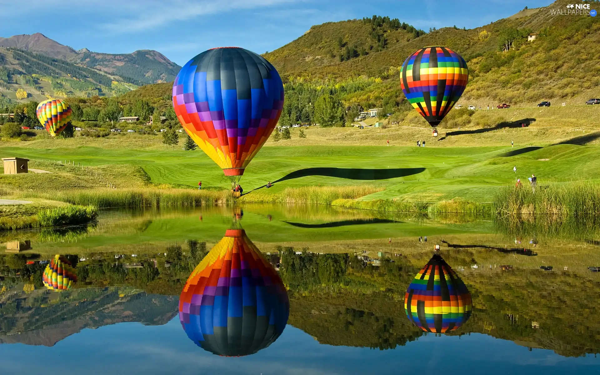 water, reflection, color, Balloons, Mountains