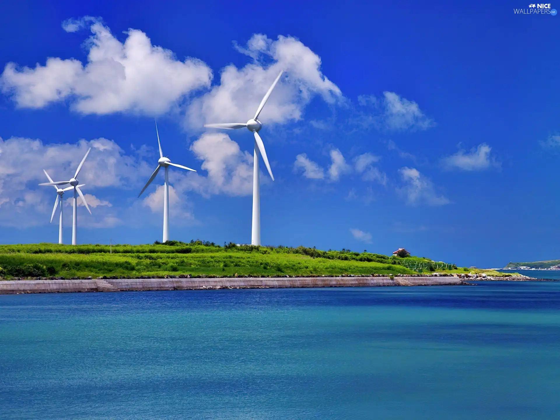 water, Windmills, Sky