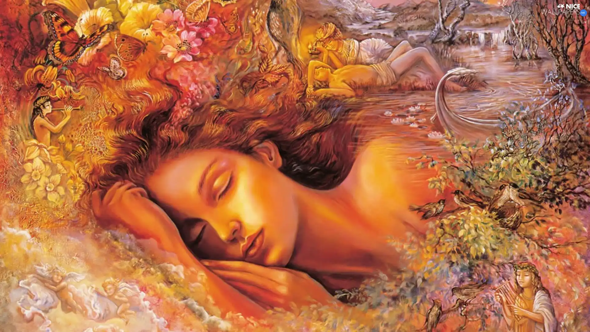 Flowers, girl, viewes, water, the sleeping, trees, Josephine Wall