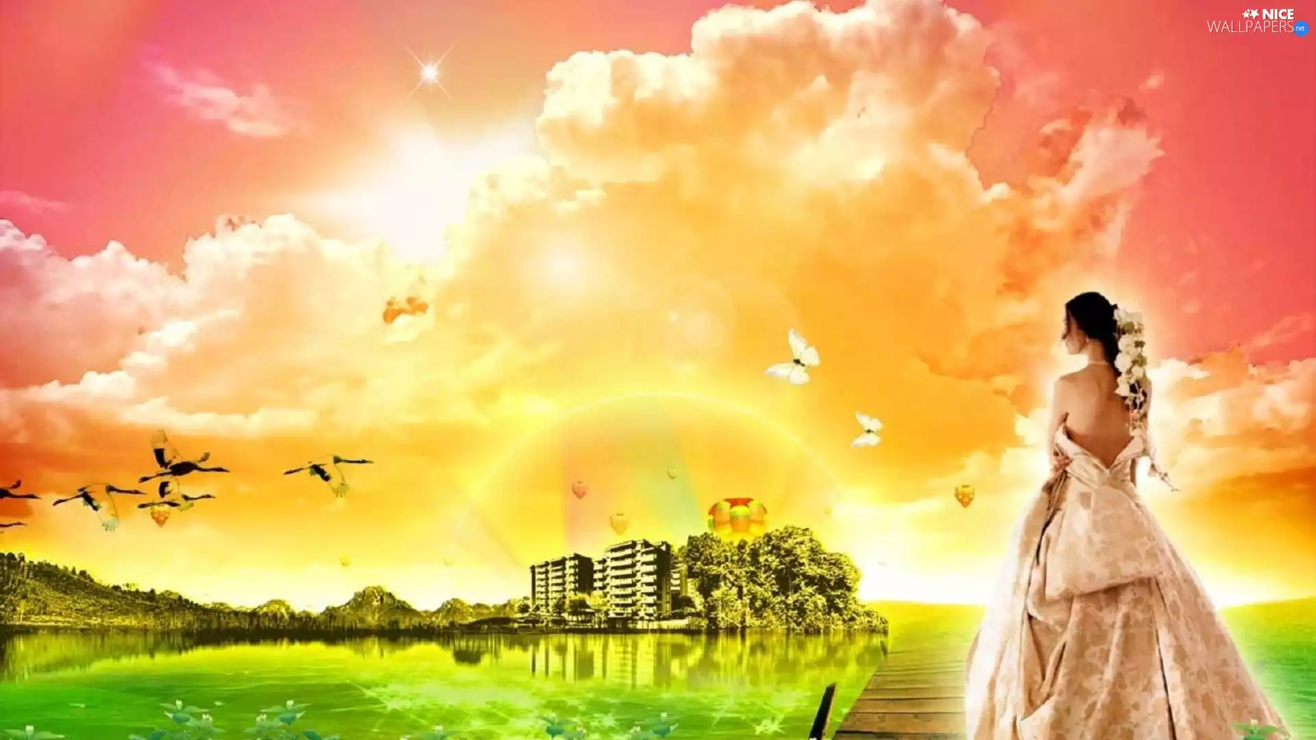 Women, butterflies, birds, water