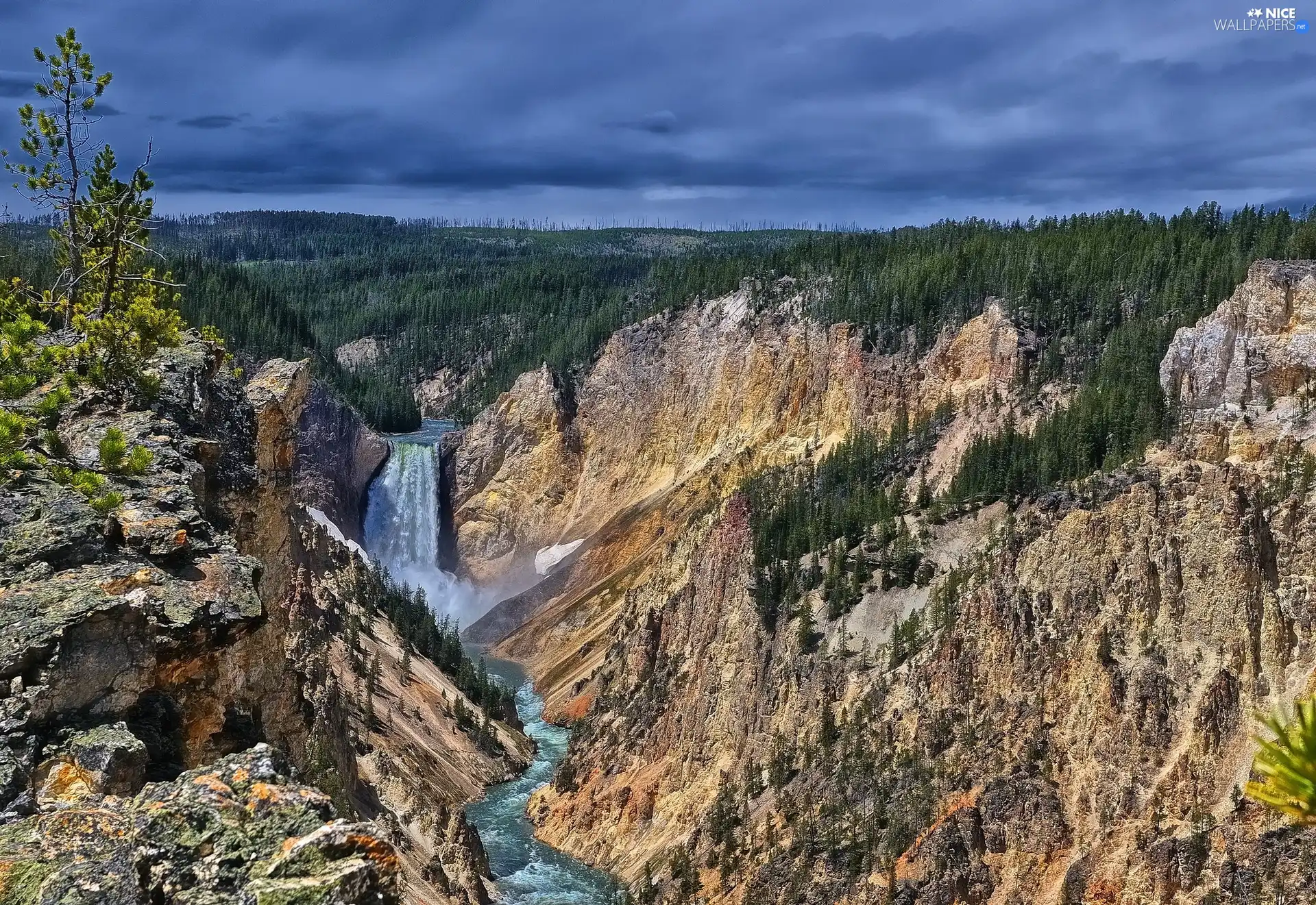 waterfall, canyon, forest, River, Mountains