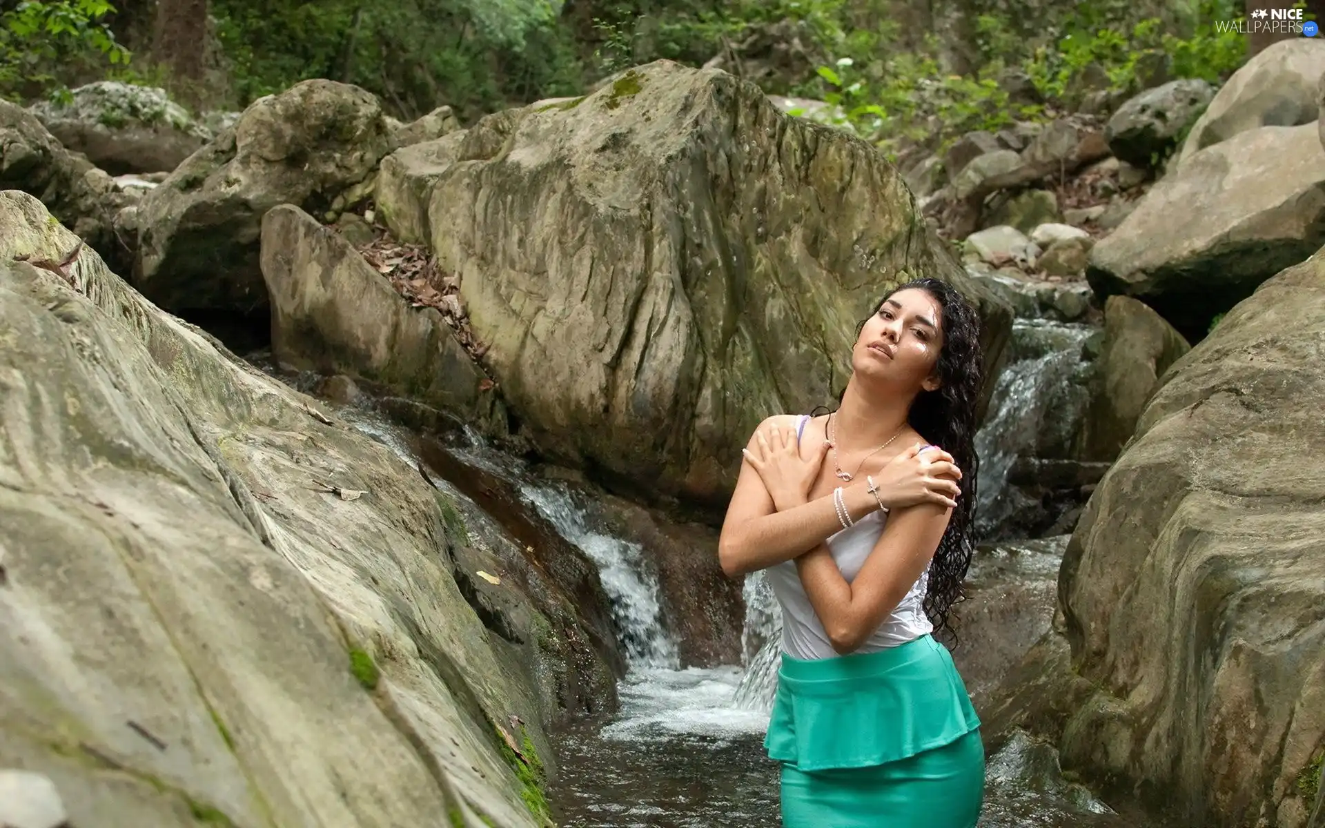 jewellery, rocks, waterfall, Women