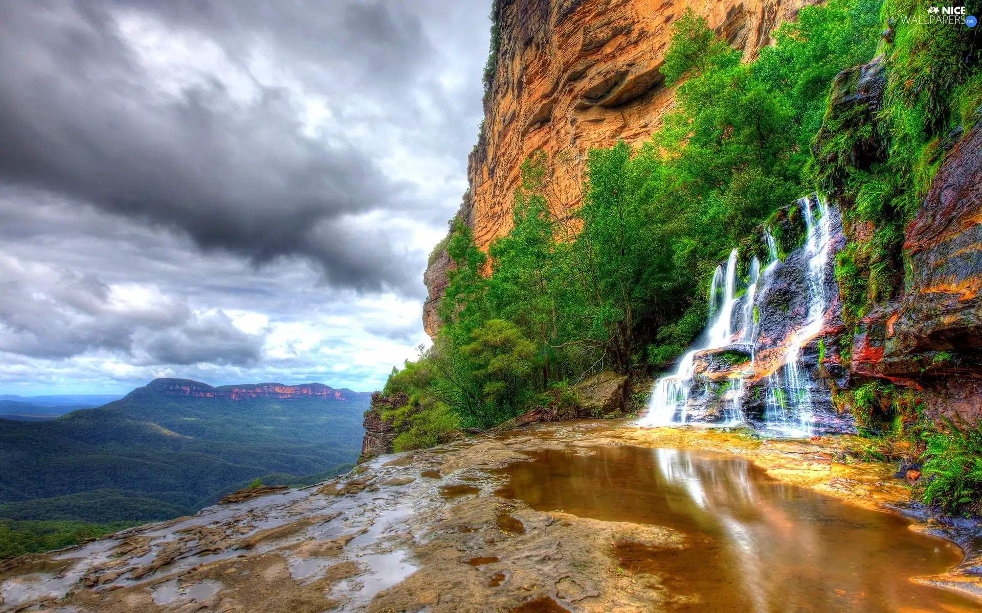 waterfall, clouds, Mountains