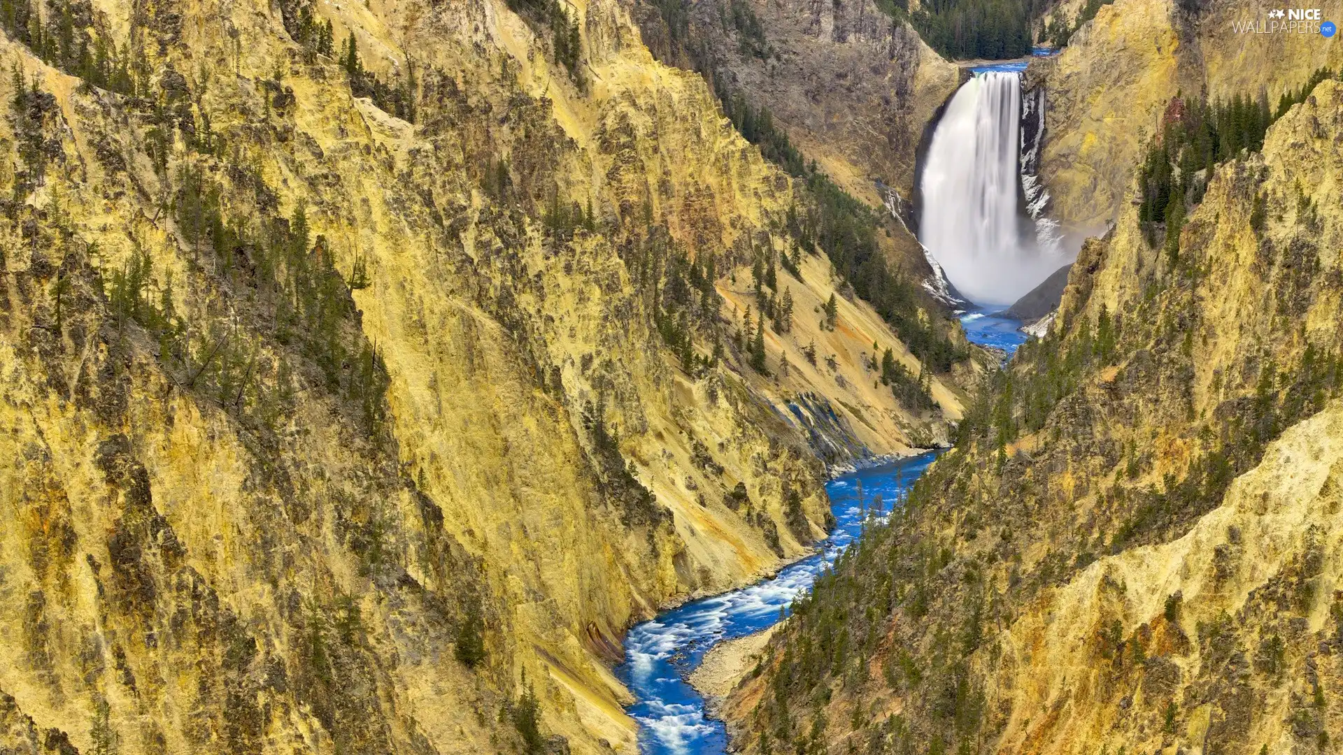 waterfall, mountains, River