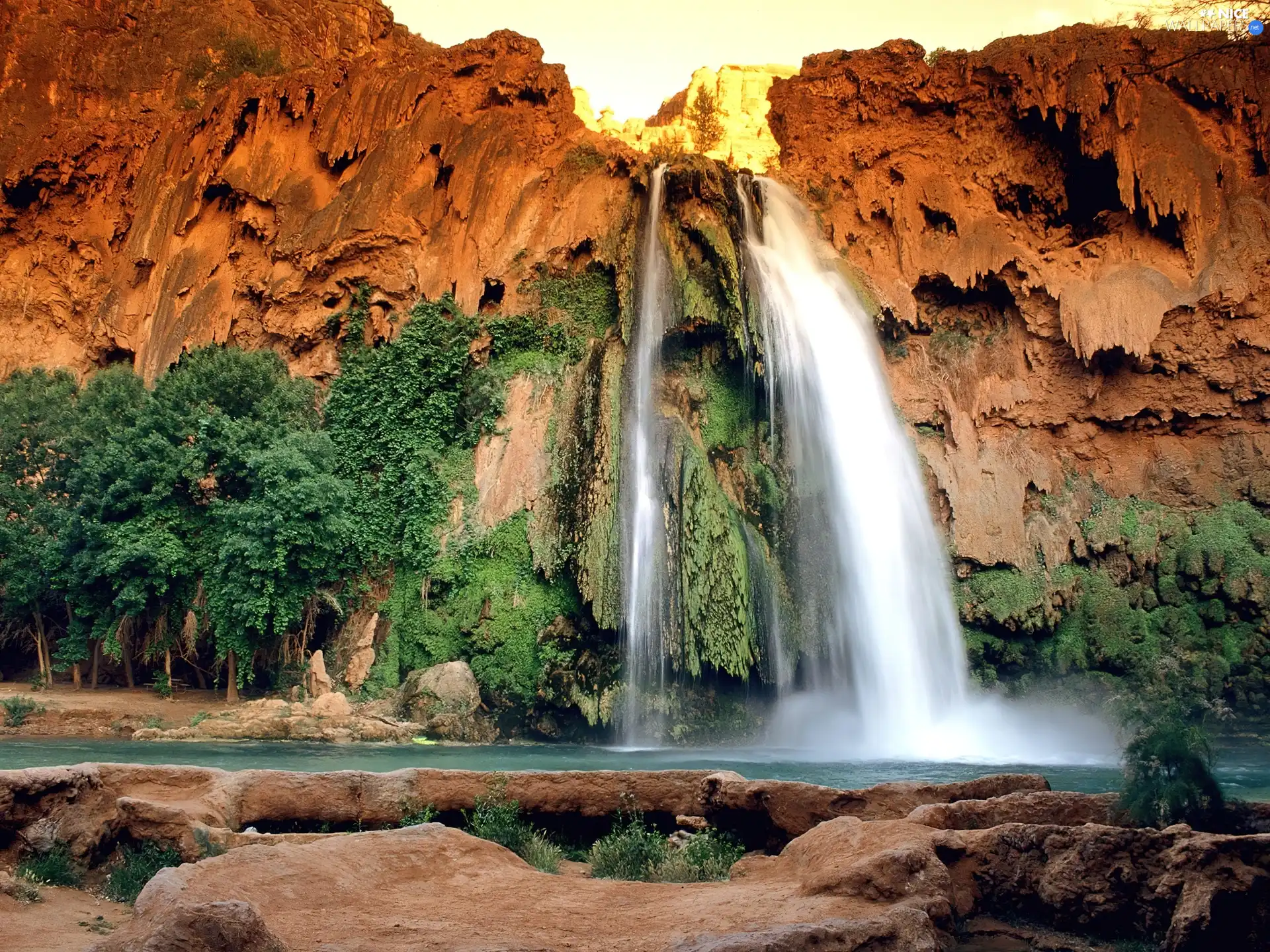 rocks, waterfall