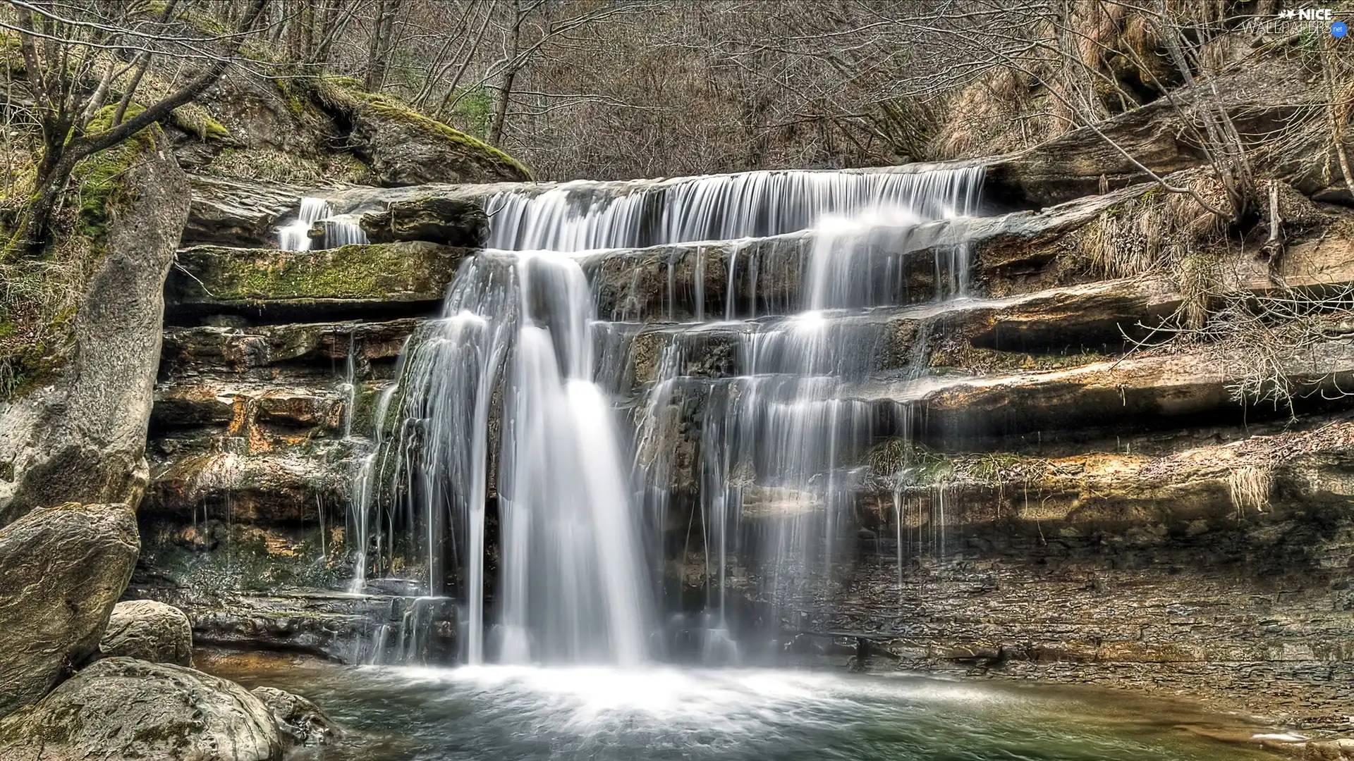 waterfall, forest, rocks