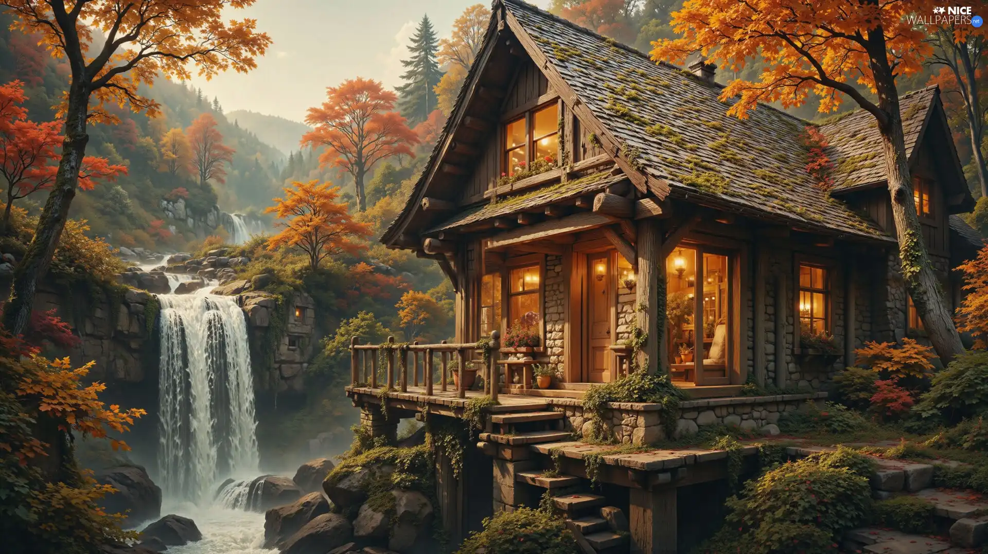 autumn, house, viewes, waterfall, trees, rocks