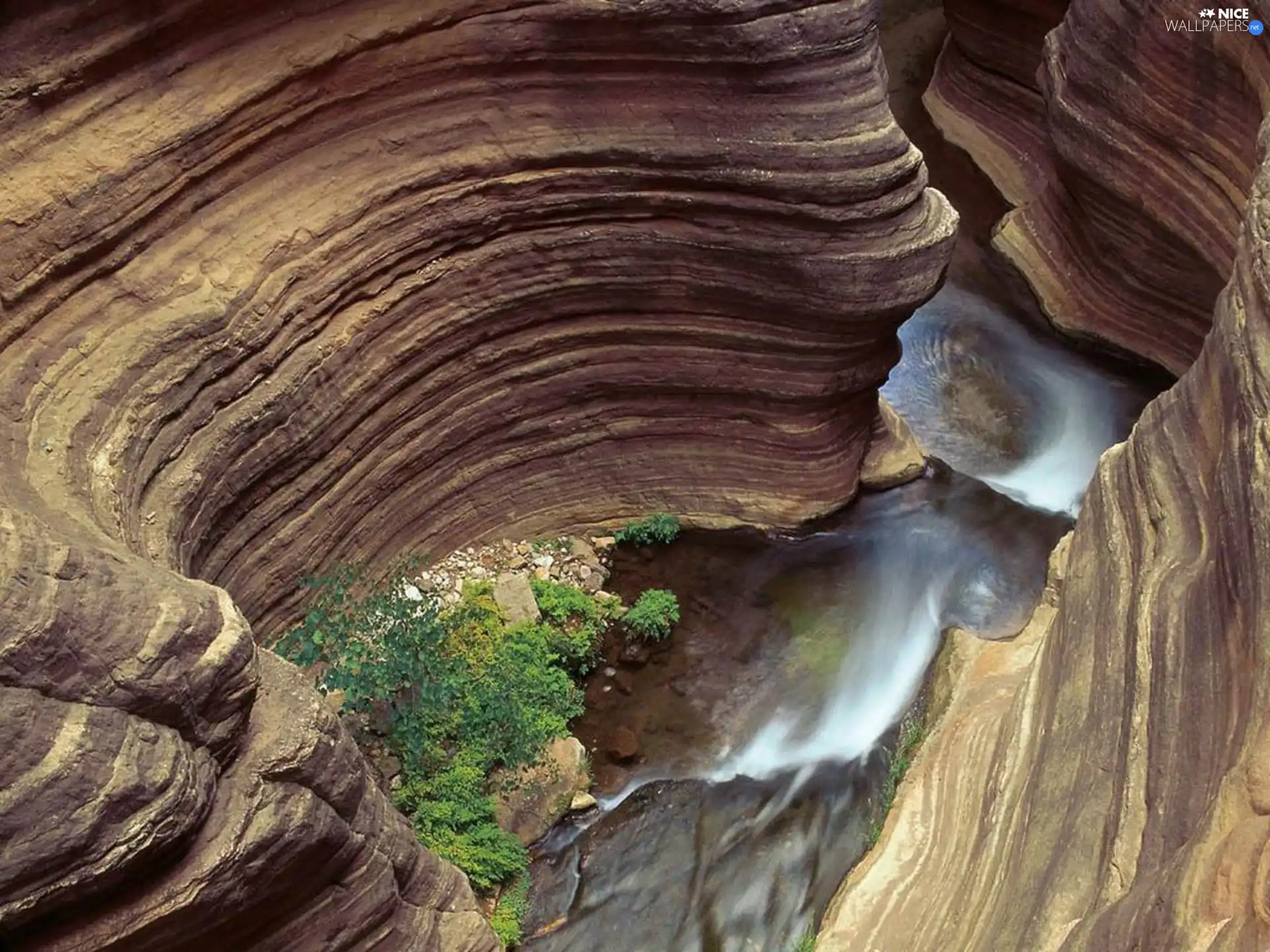 waterfall, canyon, trees