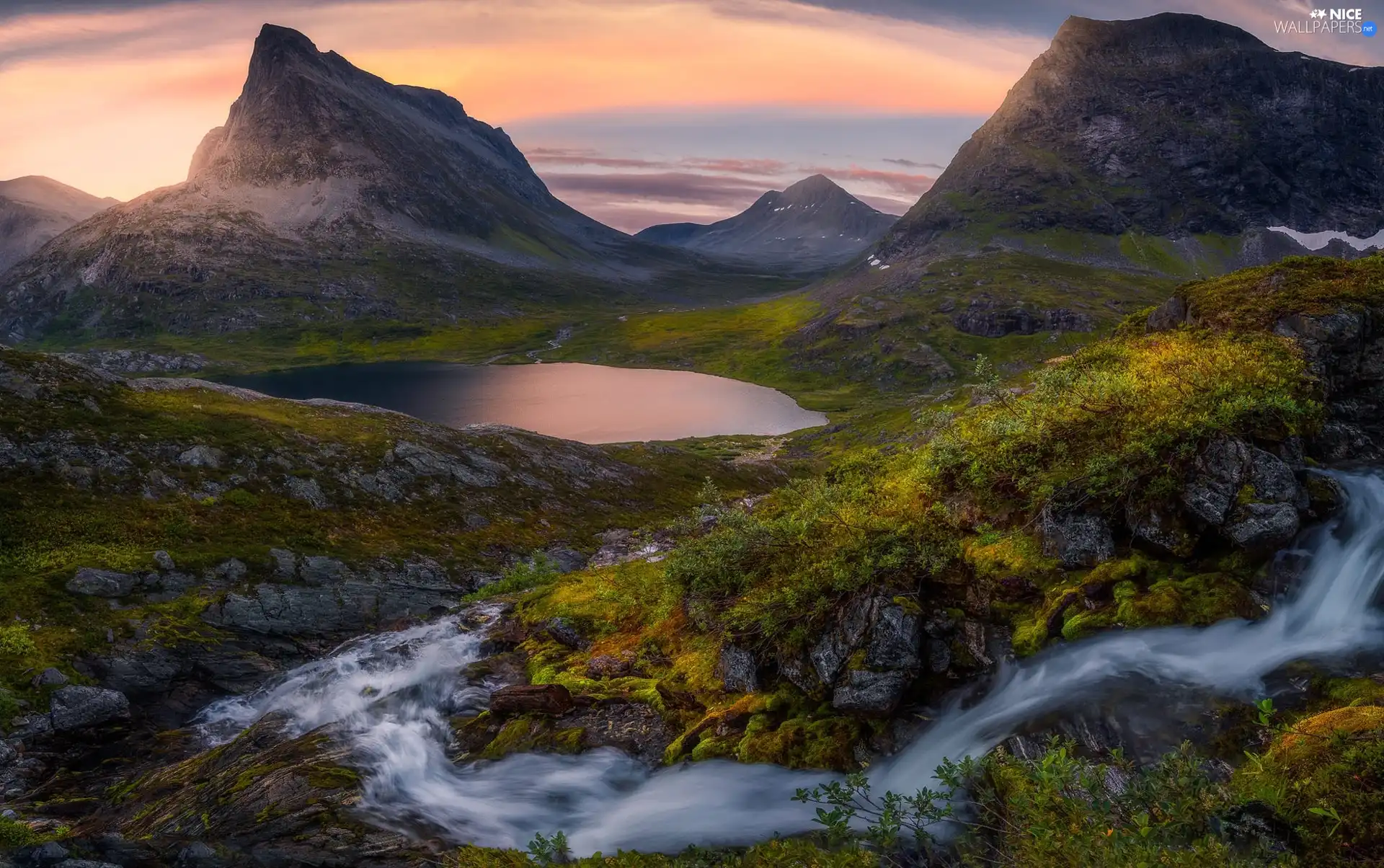 Mountains, Romsdalen Valley, waterfall, VEGETATION, lake, Norway