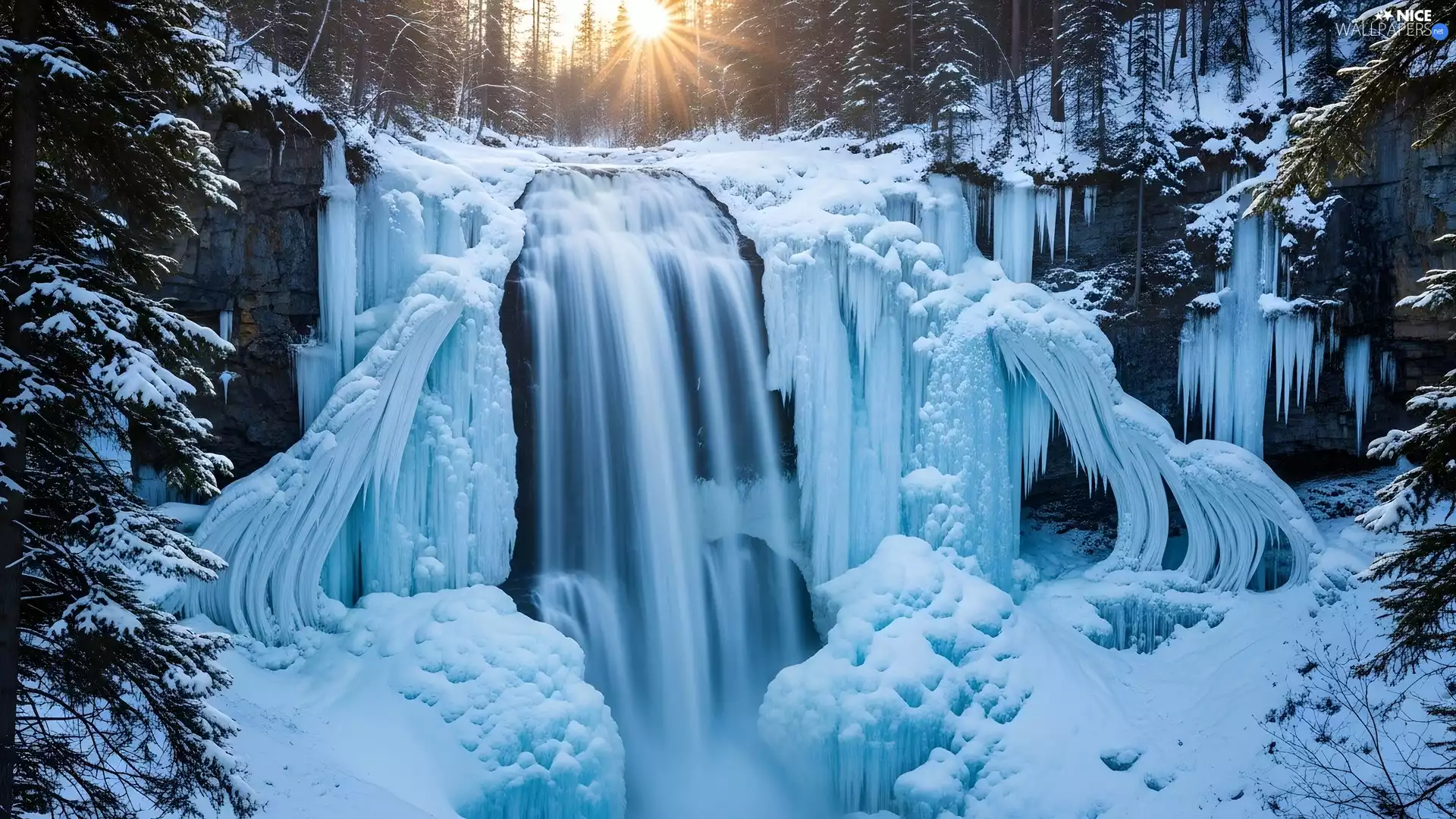 icicle, Icy, viewes, waterfall, rocks, trees, winter