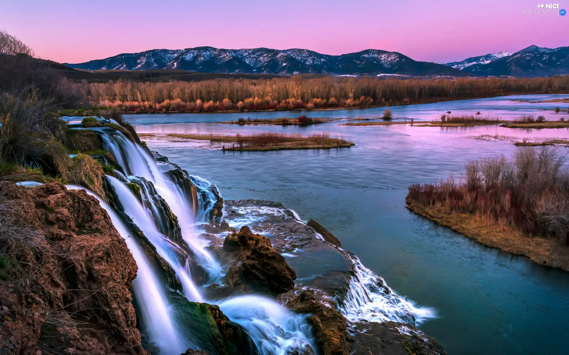 Rocks, River, viewes, waterfall, Mountains, trees, Plants