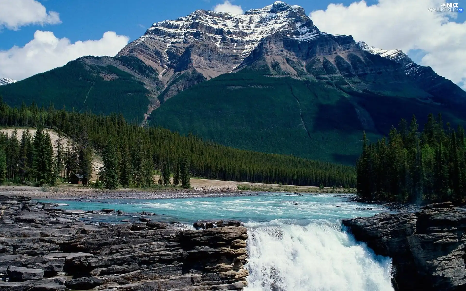 waterfalls, Mountains, woods