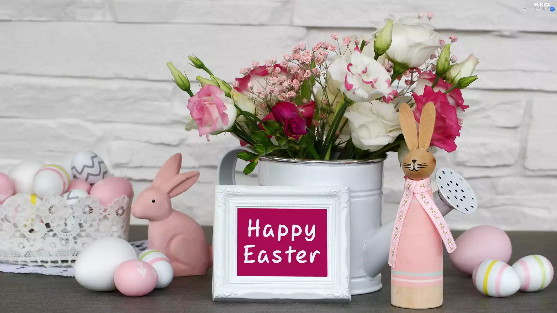 watering can, Easter, Flowers, Eustoma, plate, Wishes, rabbits, eggs, figures