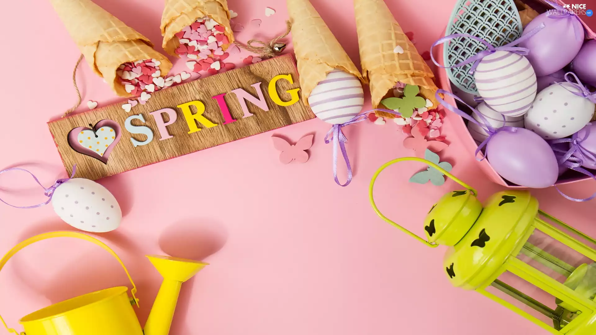 watering can, lantern, Spring, Tulips, text, eggs, Easter, plate