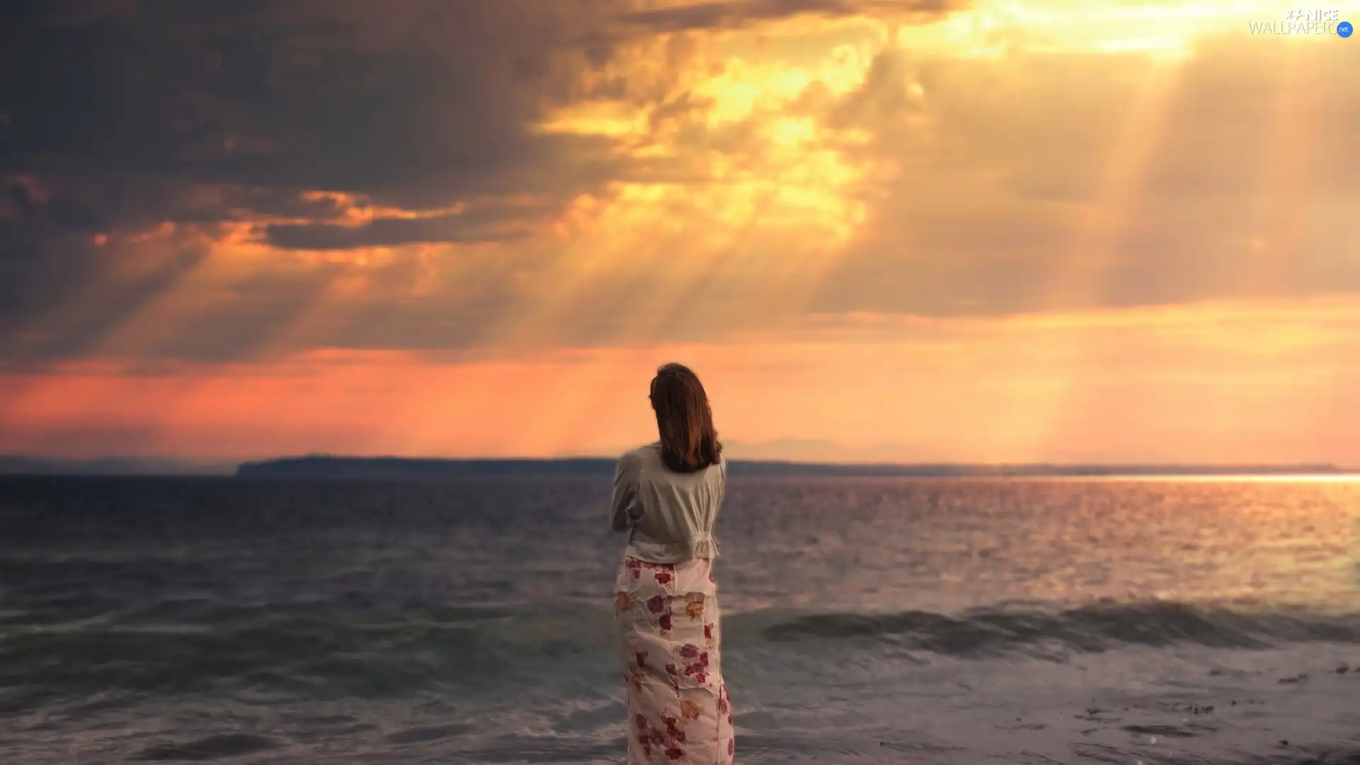 sea, Women, Waves, clouds, flash, luminosity, ligh, sun, Przebijające