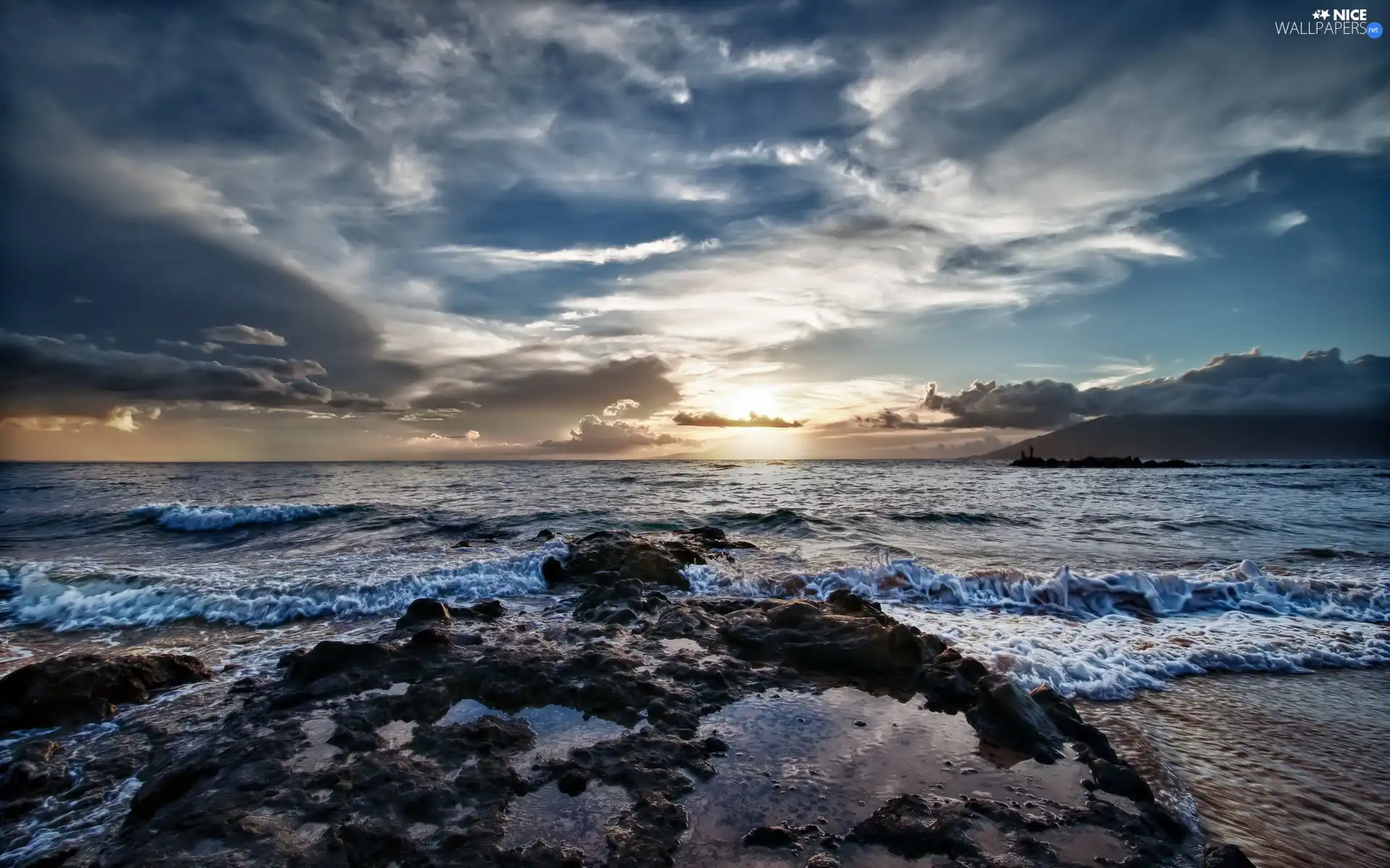 rocks, clouds, Waves, sea