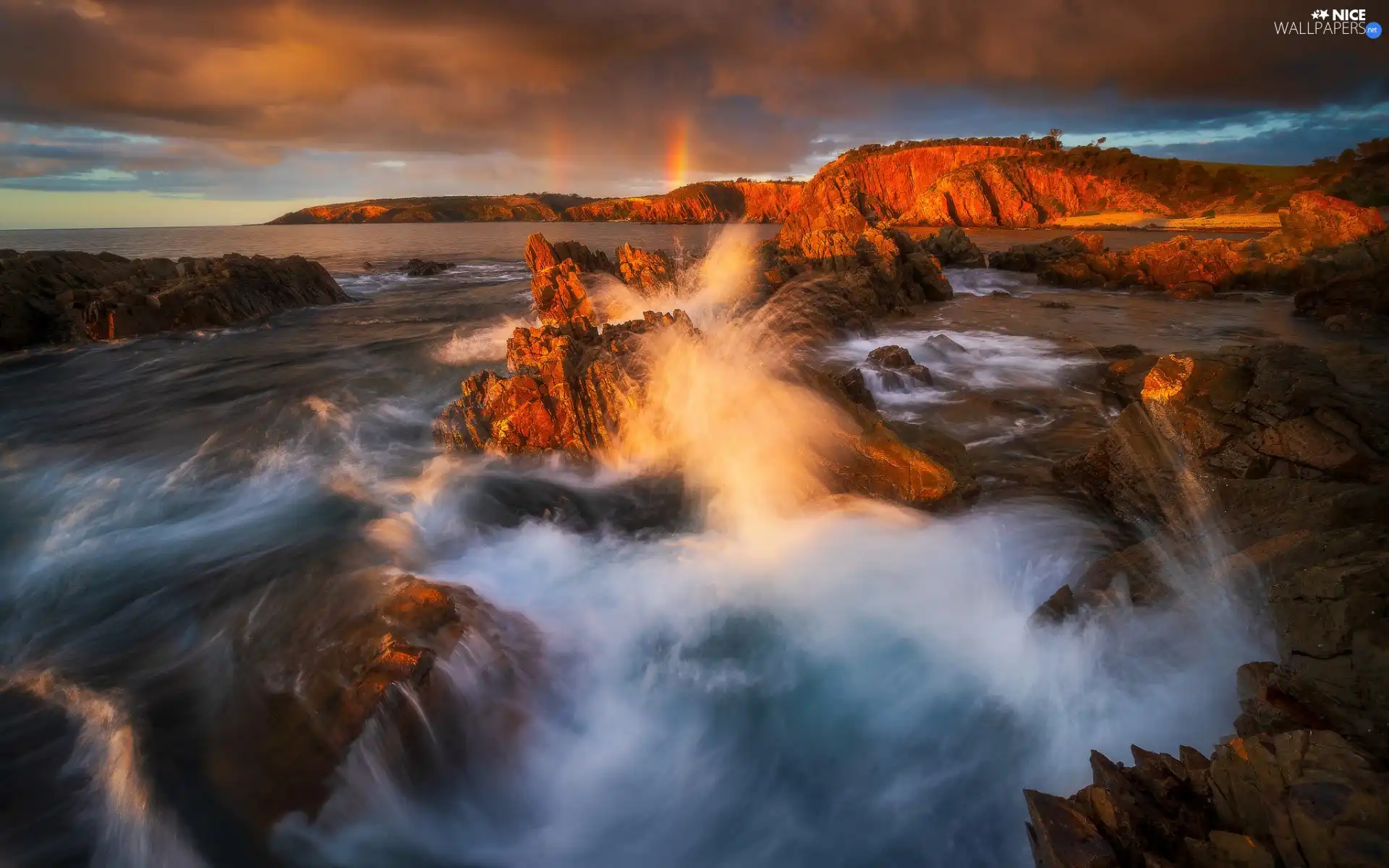 Great Rainbows, clouds, Waves, rocks, sea