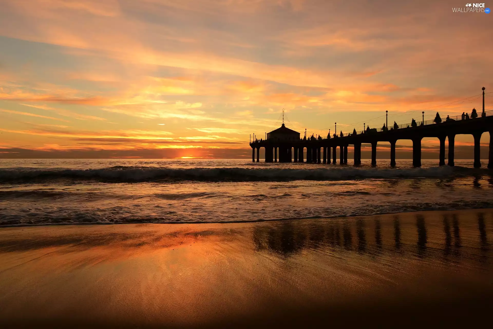 Beaches, Waves, sea, Sunrise, pier