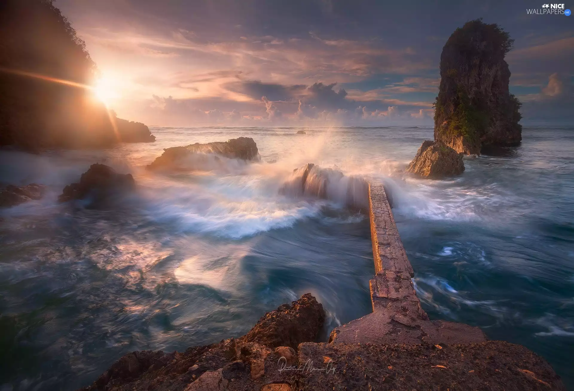 sea, sun, rocks, Waves