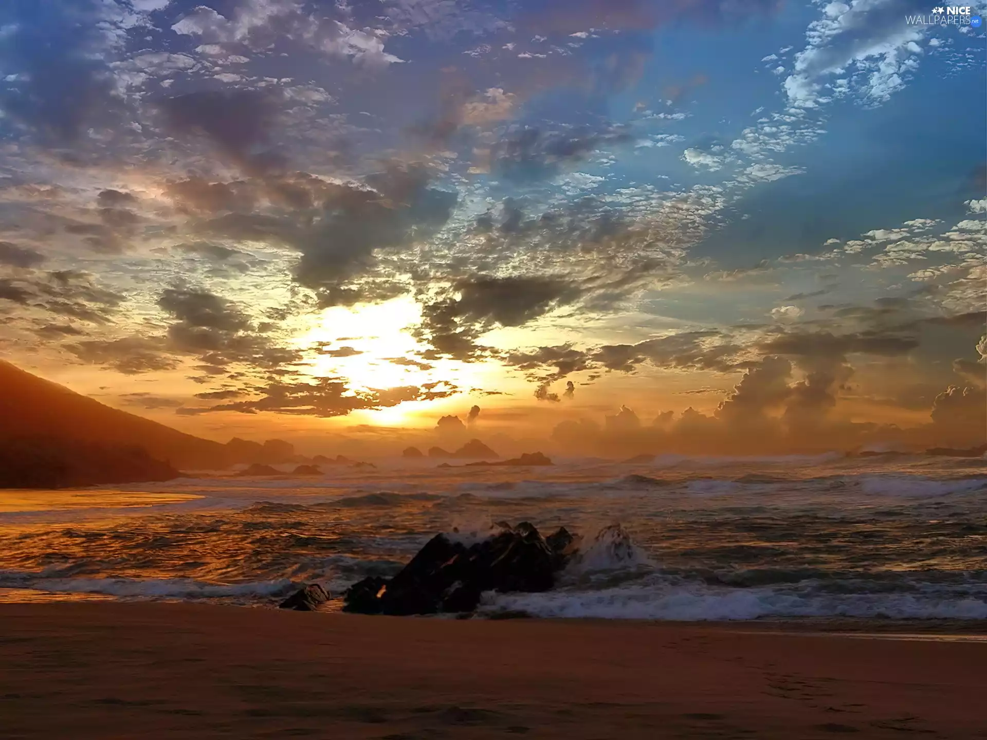 sea, west, sun, Waves