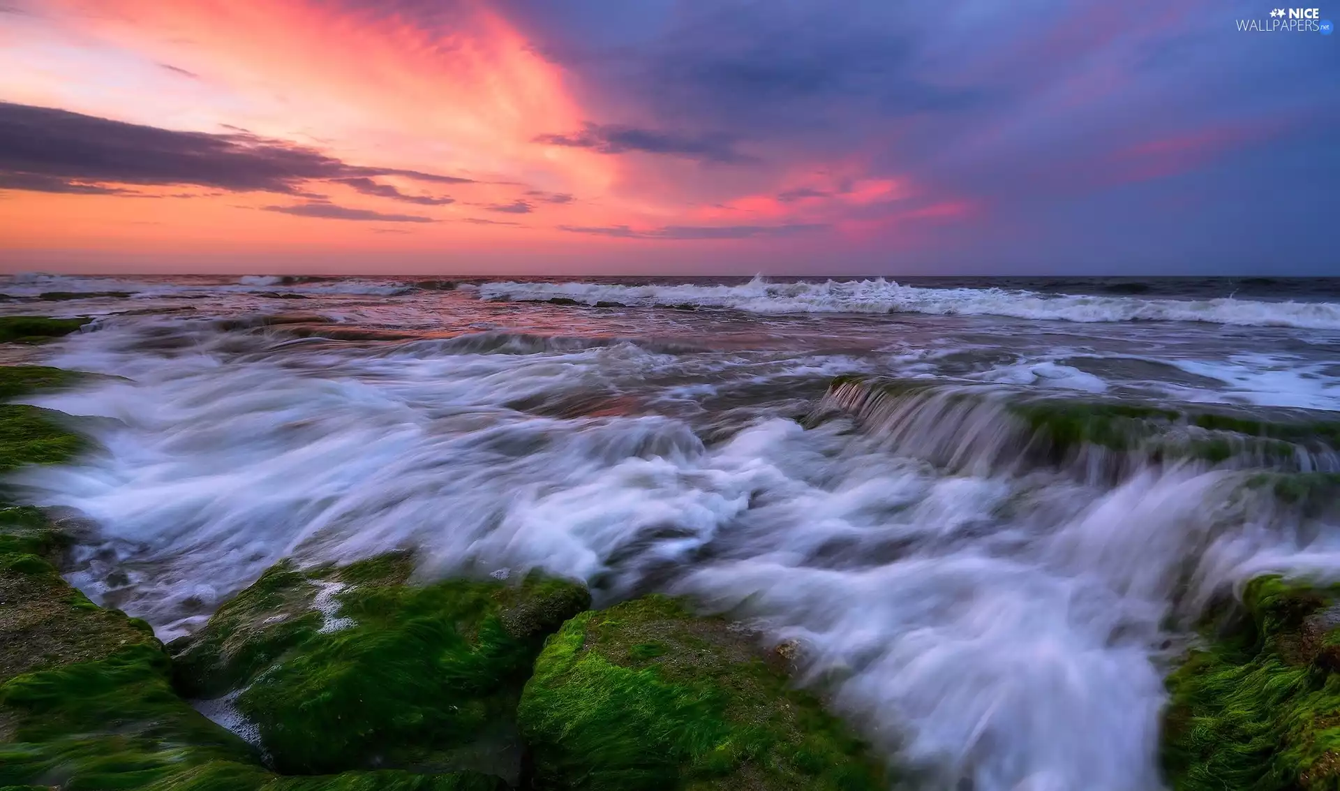 mossy, rocks, sea, Waves, Great Sunsets
